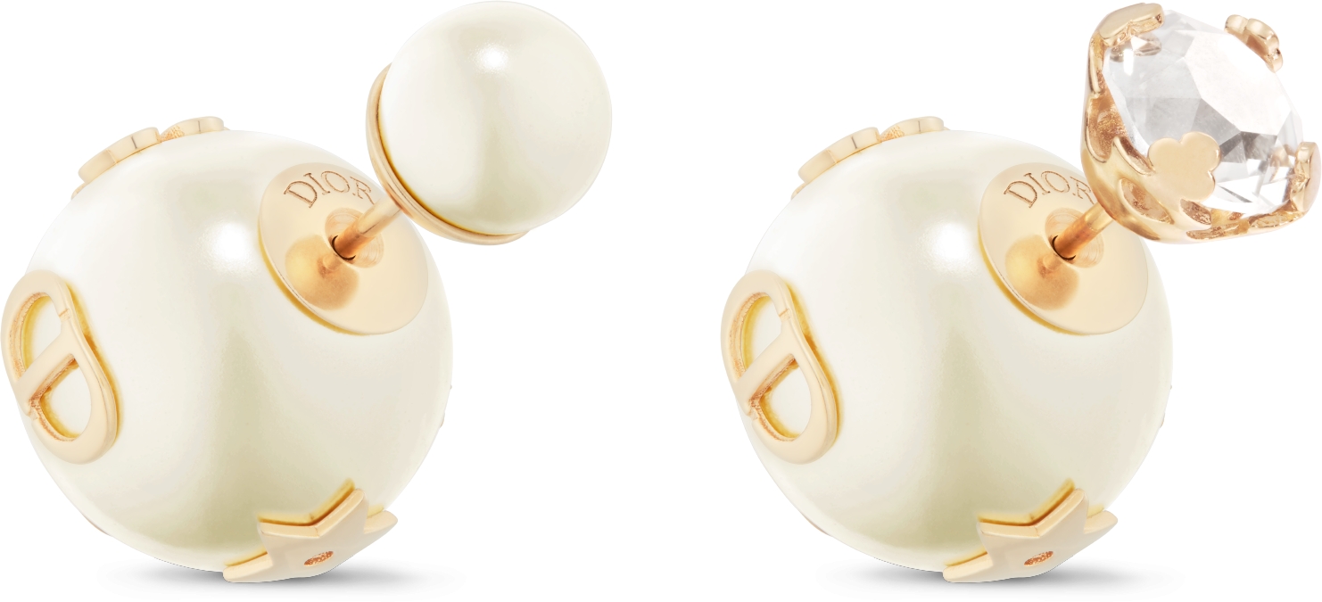 DIOR Tribales Earrings Gold Finish Metal With White Resin Pearls And A Silver Tone Crystal Women