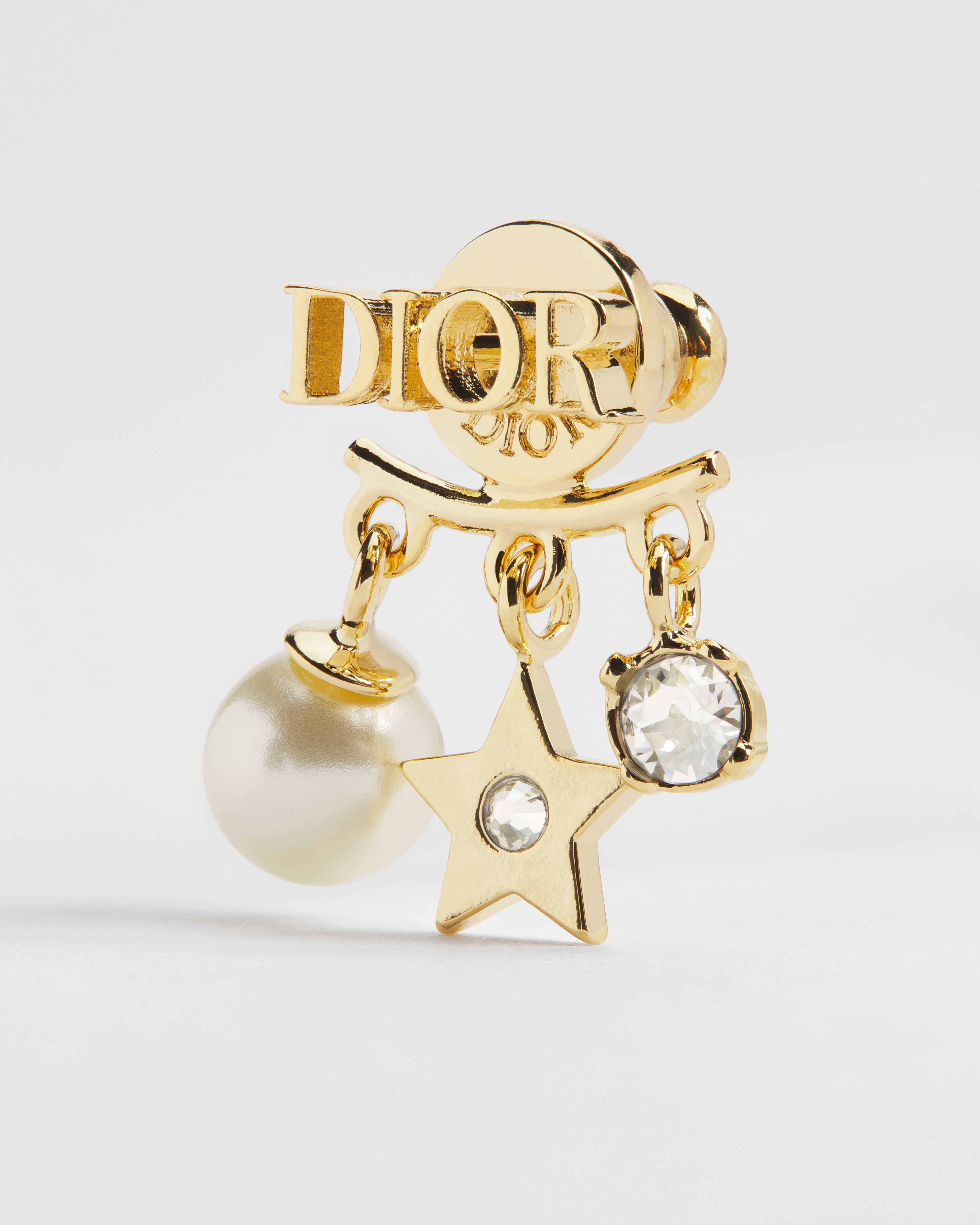 Dio(r)evolution-oorbellen Metaal met goudkleurige afwerking, witte harsparels en fonkelende kristallen E09