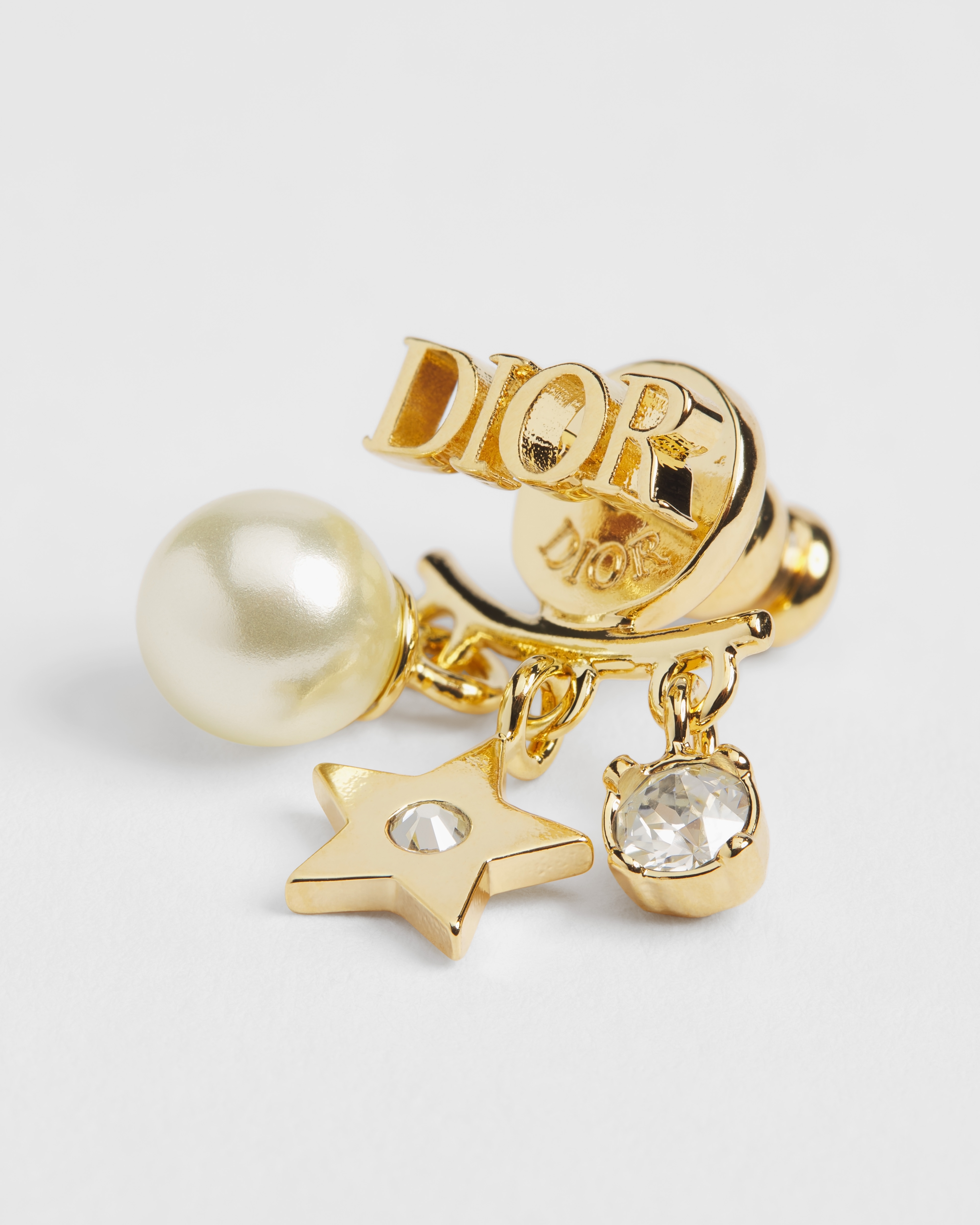 Dio(r)evolution-oorbellen Metaal met goudkleurige afwerking, witte harsparels en fonkelende kristallen E10