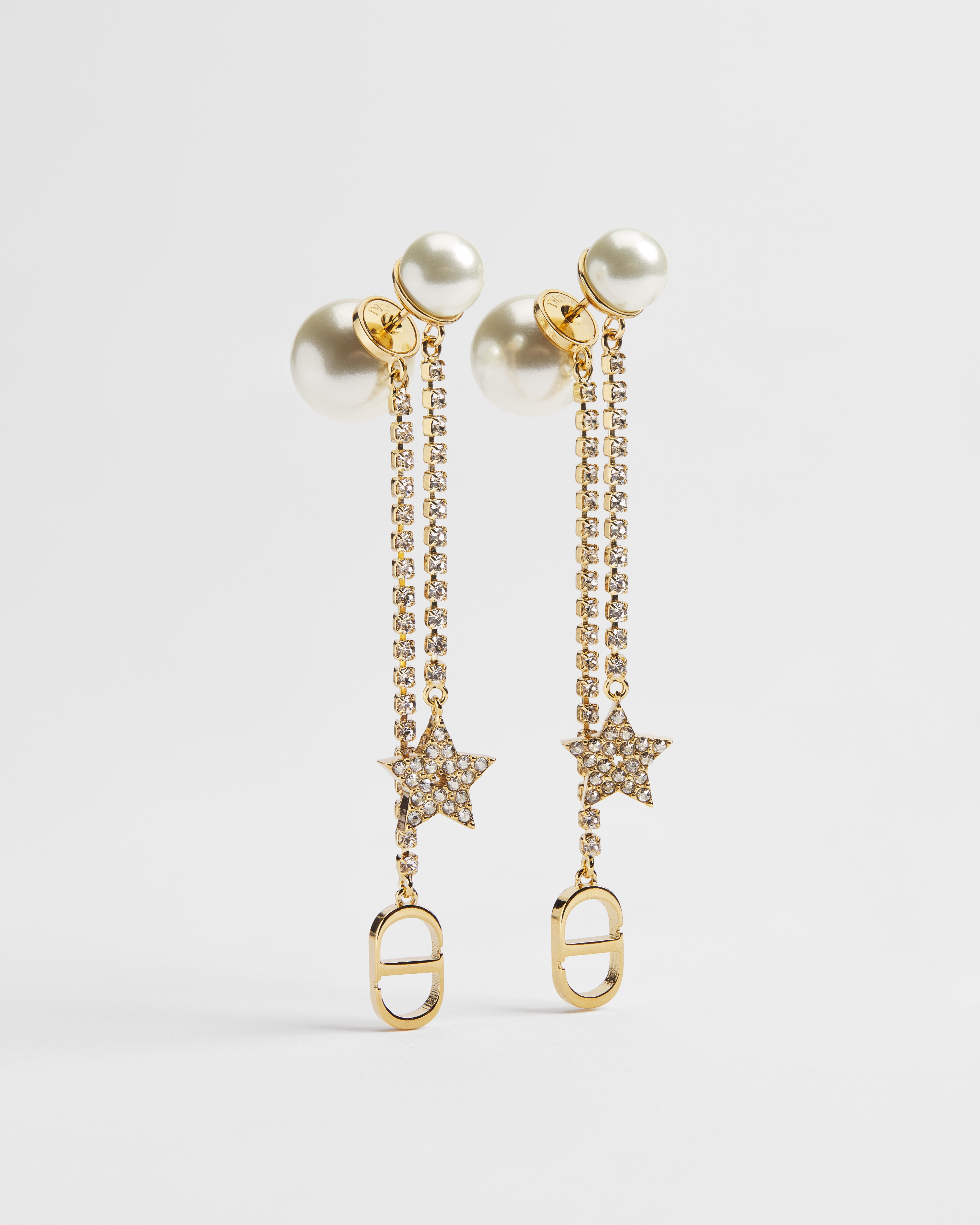 Orecchini Dior Tribales Metallo con finitura color oro, perle in resina bianca e cristalli color argento E01