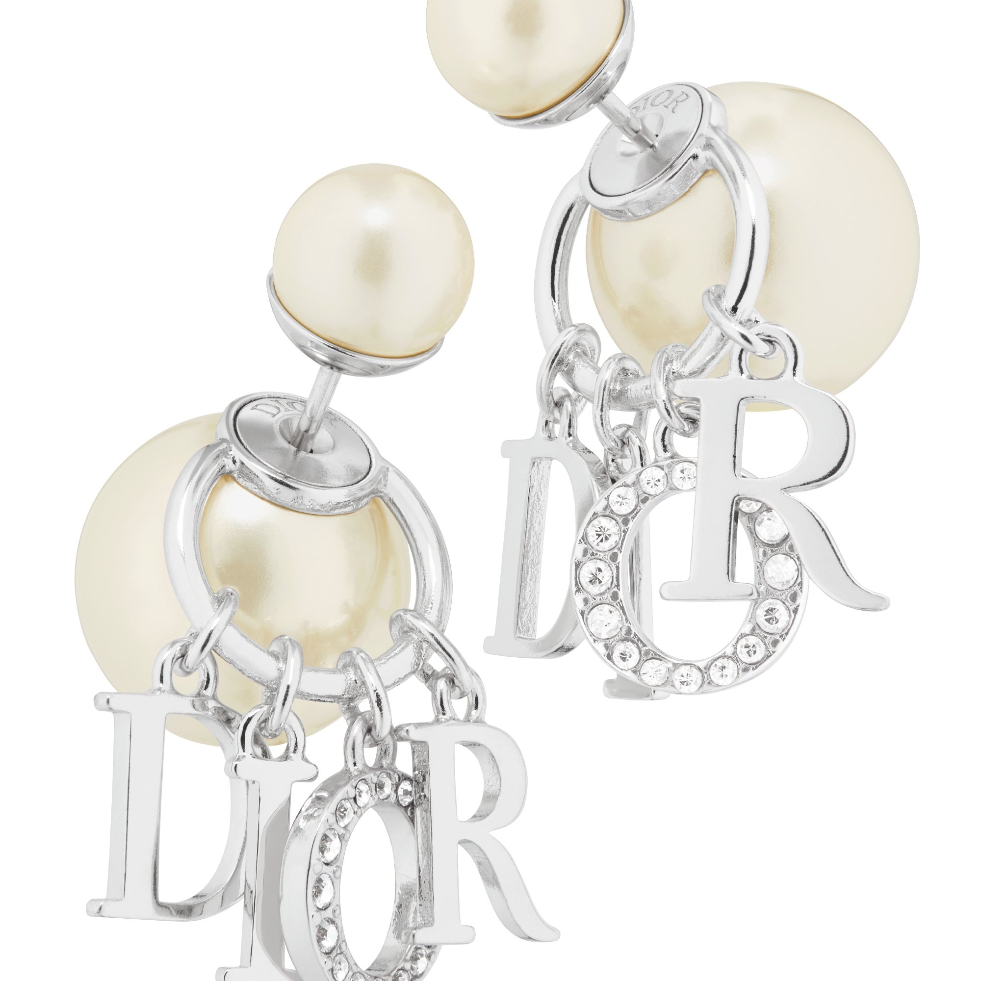 Dior Tribales Earrings Silver-Finish Metal with White Resin Pearls and White Crystals E09