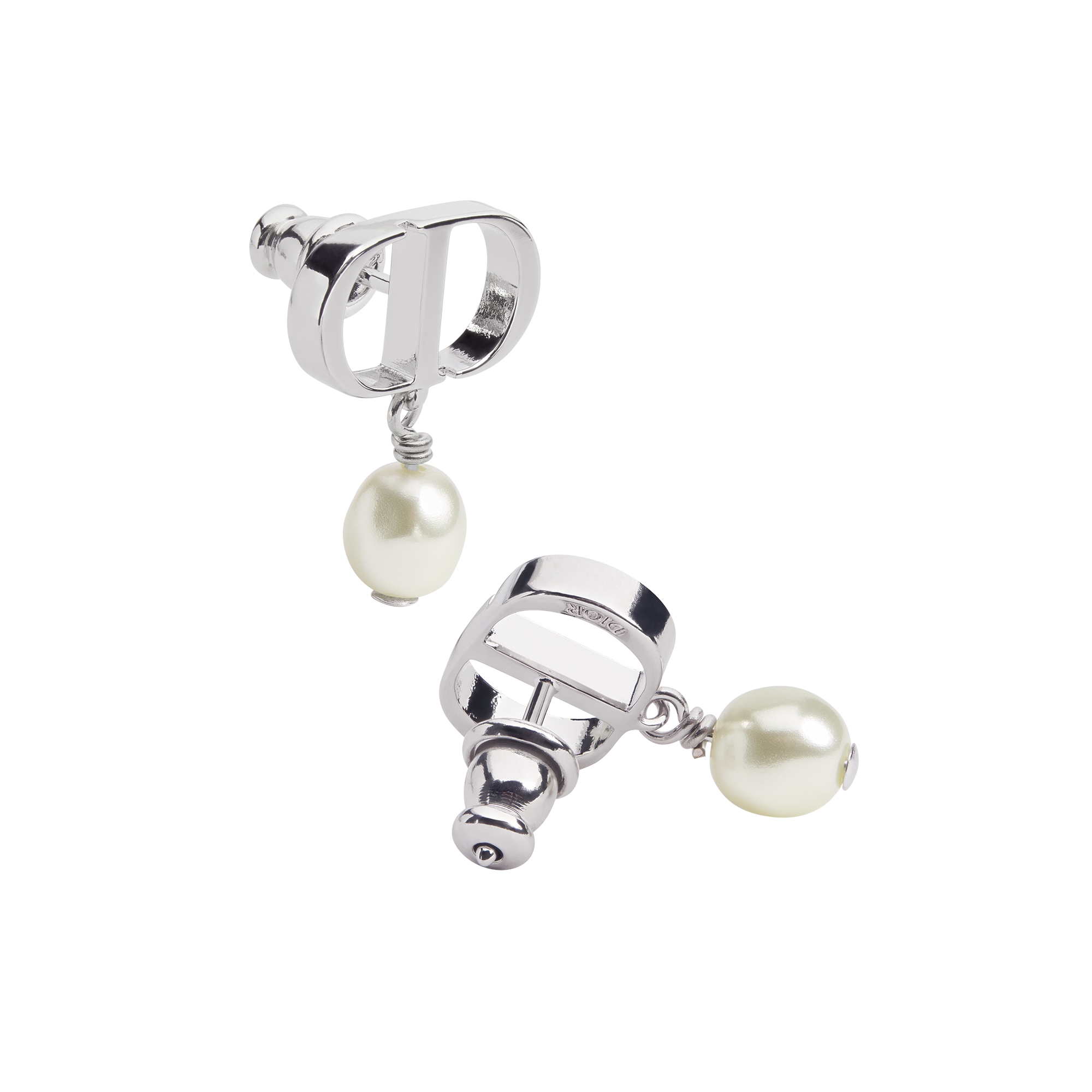 Petit CD Earrings Silver-Finish Metal with White Resin Pearls E06