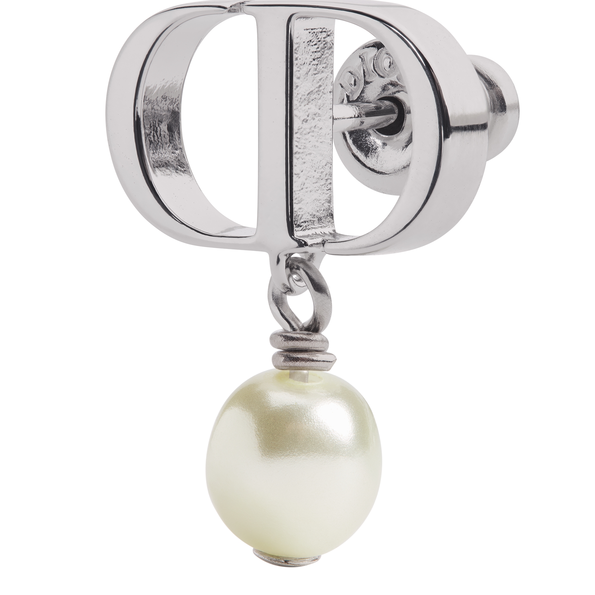 Petit CD Earrings Silver-Finish Metal with White Resin Pearls E09