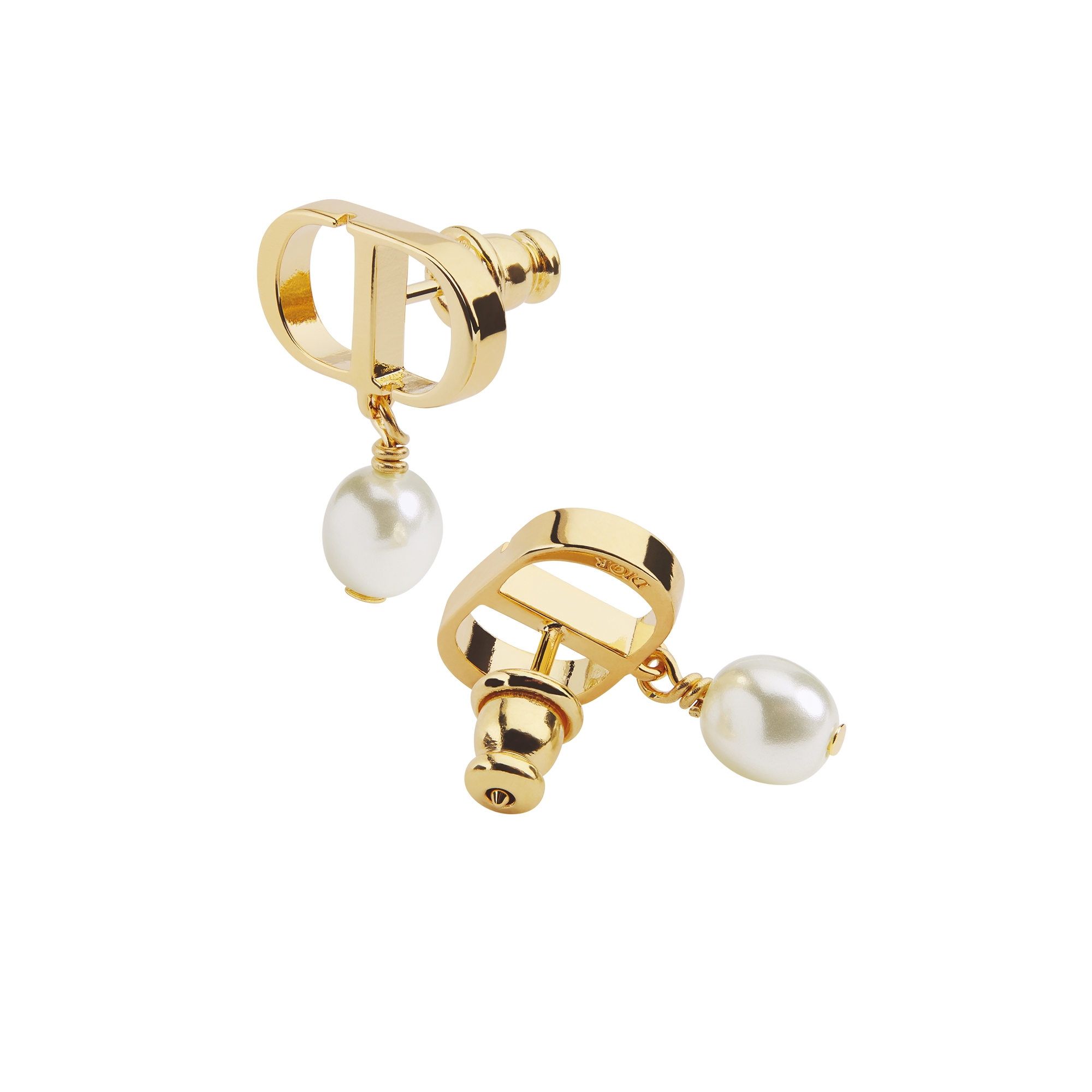 Petit CD Earrings Gold-Finish Metal and White Resin Pearls E06
