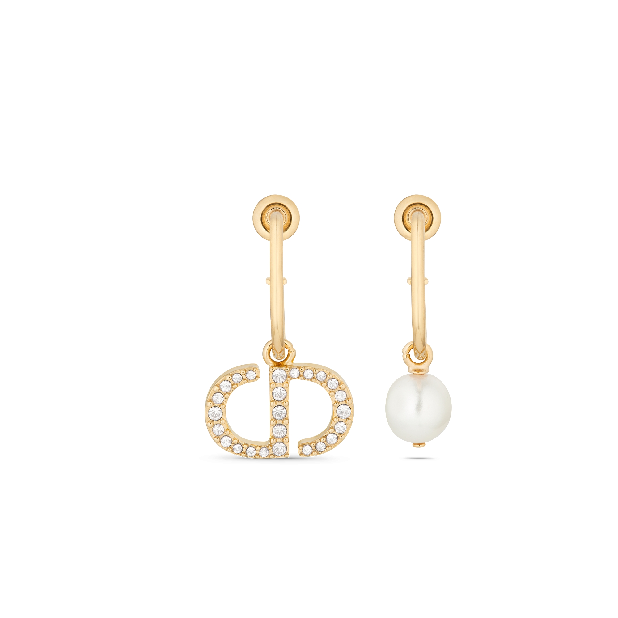 Petit CD Earrings Gold-Finish Metal with White Resin Pearl and White Crystals E01