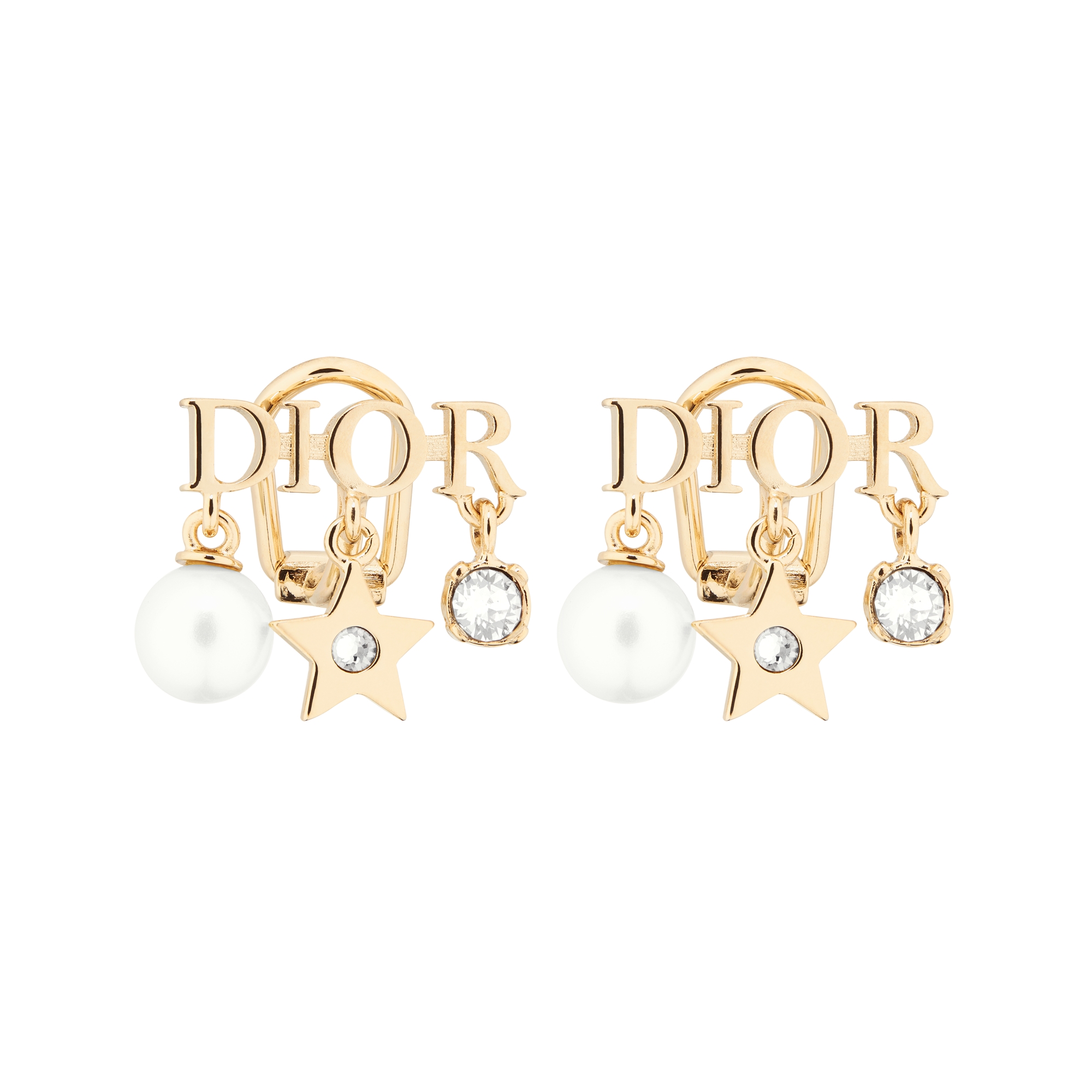Dio(r)evolution Clip-On Earrings Gold-Finish Metal, White Resin Pearls and White Crystals E01