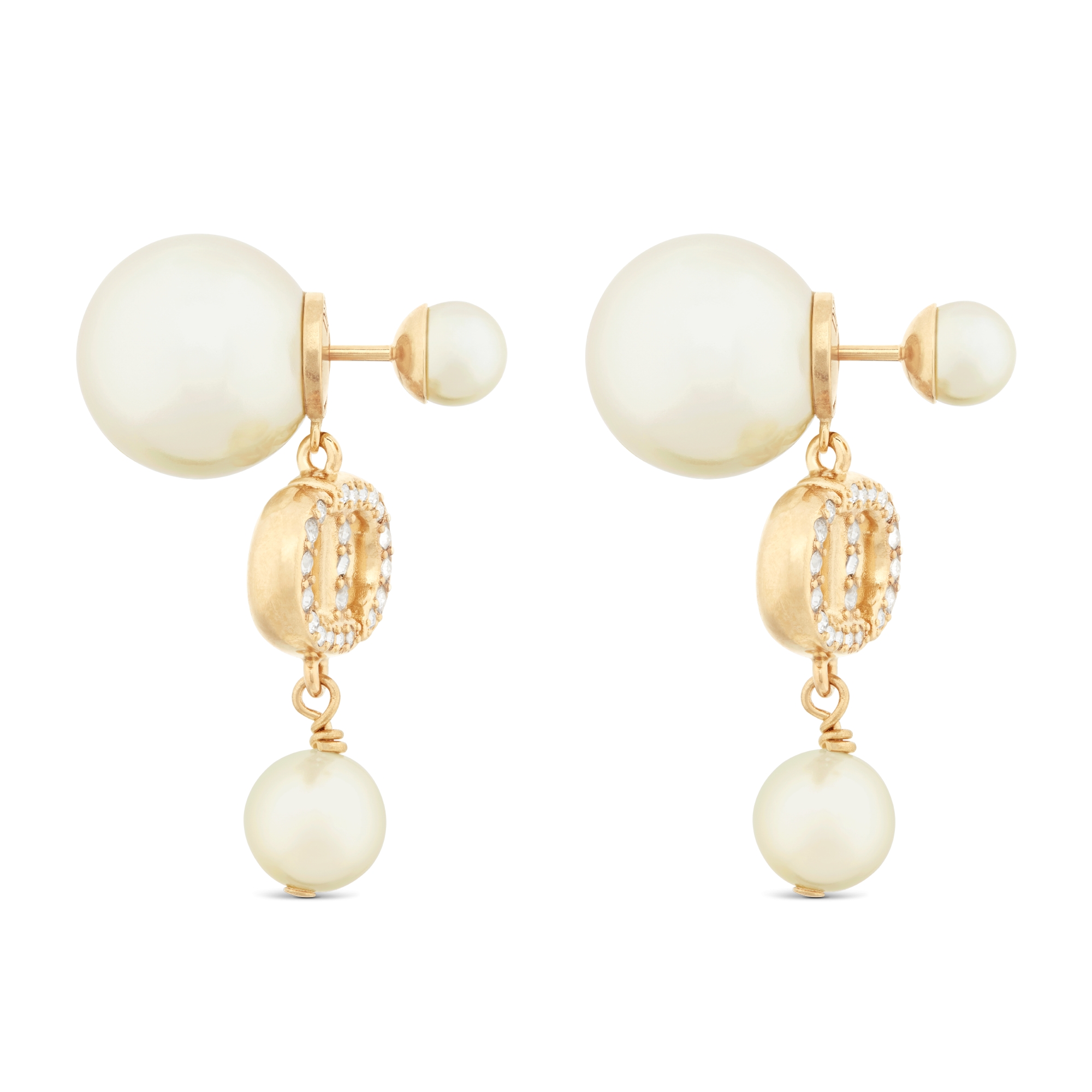 Brincos Dior Tribales Metal com acabamento dourado, pérolas de resina brancas e cristais brancos E02