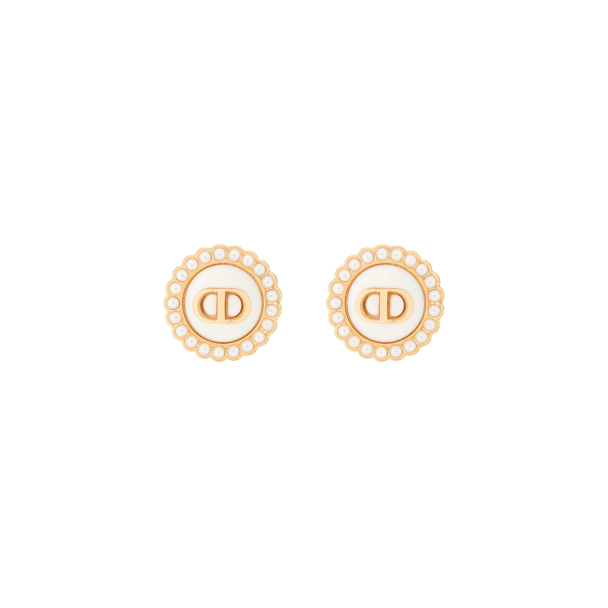 Petit CD Baroque Stud Earrings Gold-Finish Metal with White Resin Pearls and Latte Glass E01
