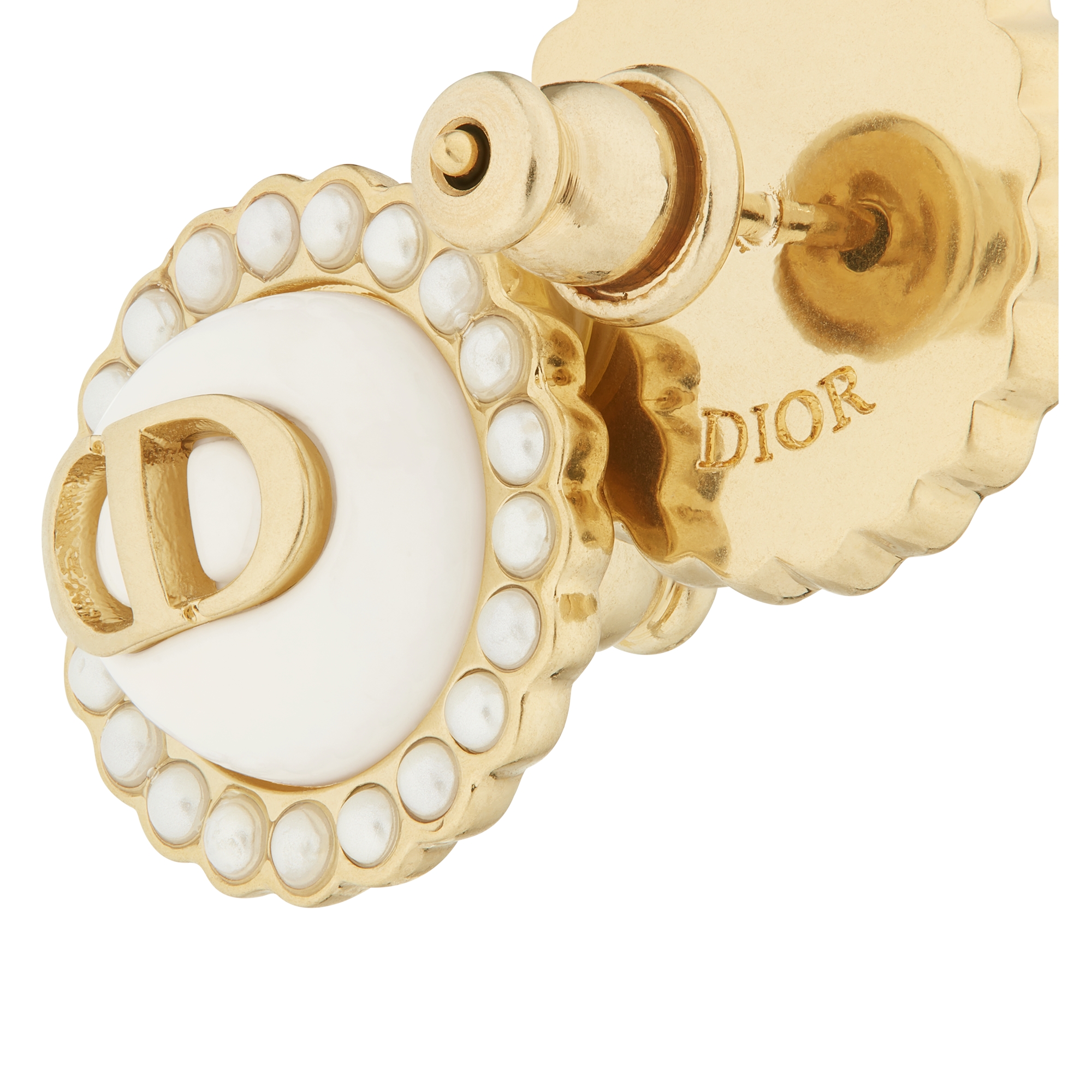 Petit CD Baroque Stud Earrings Gold-Finish Metal with White Resin Pearls and Latte Glass E09