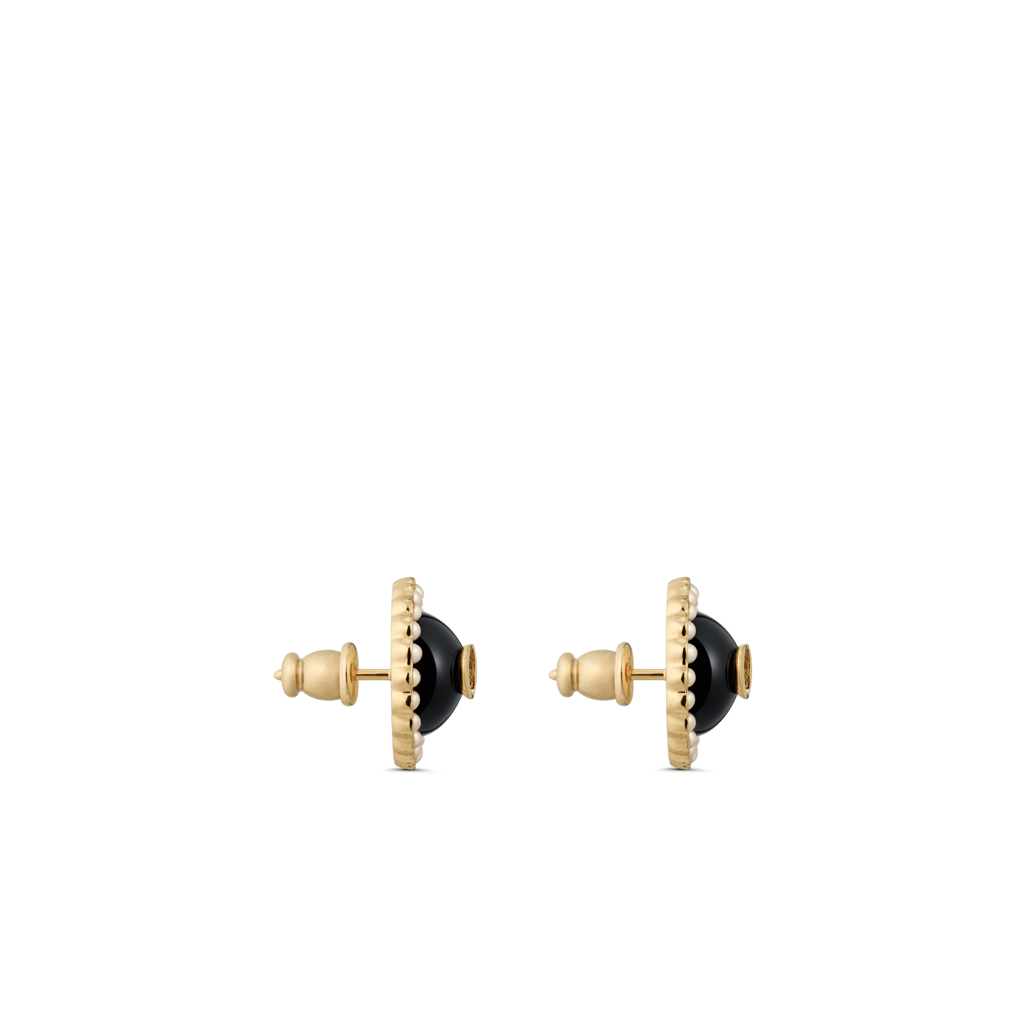 Petit CD Baroque Stud Earrings Gold-Finish Metal with White Resin Pearls and Black Glass E02