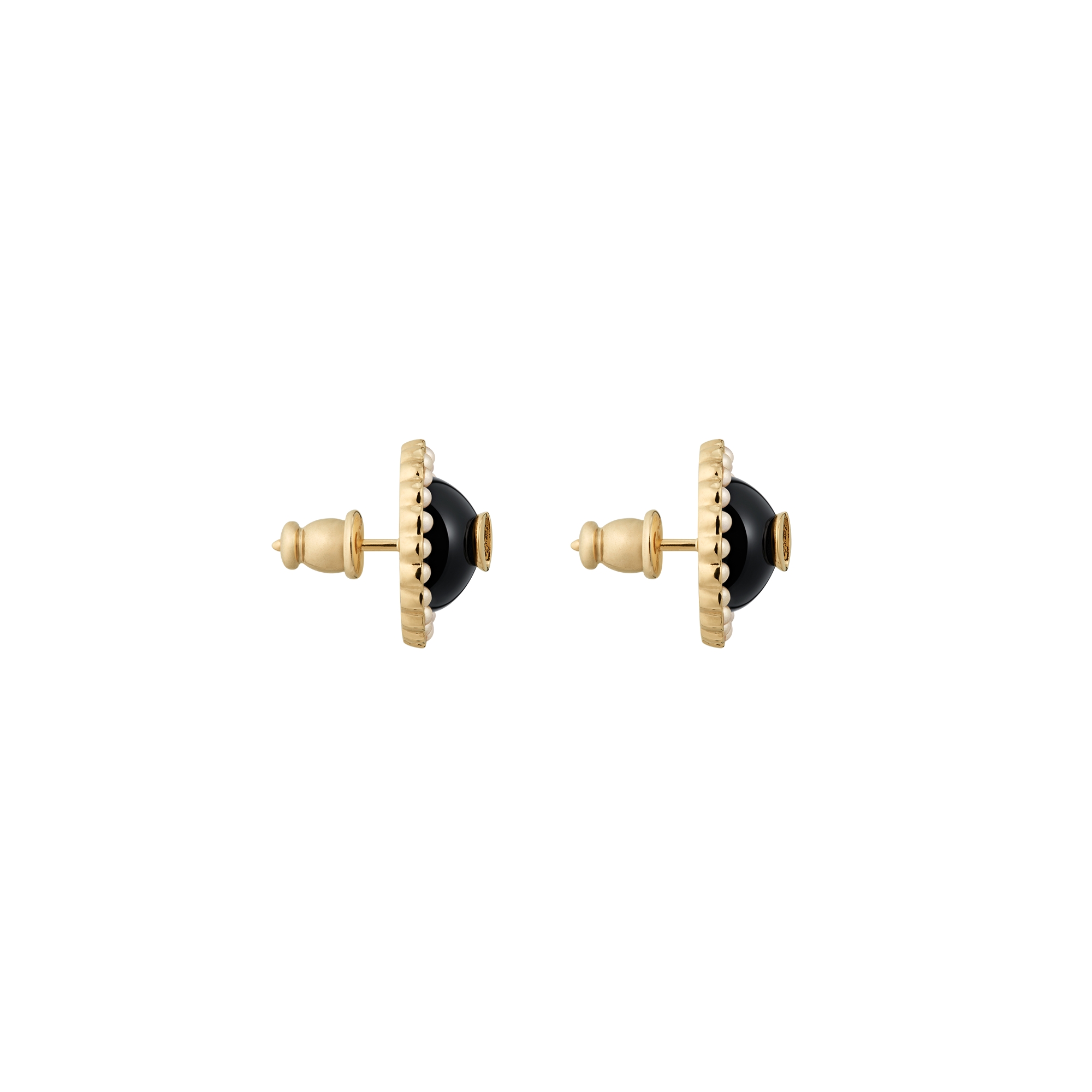 Petit CD Baroque Stud Earrings Gold-Finish Metal with White Resin Pearls and Black Glass E02