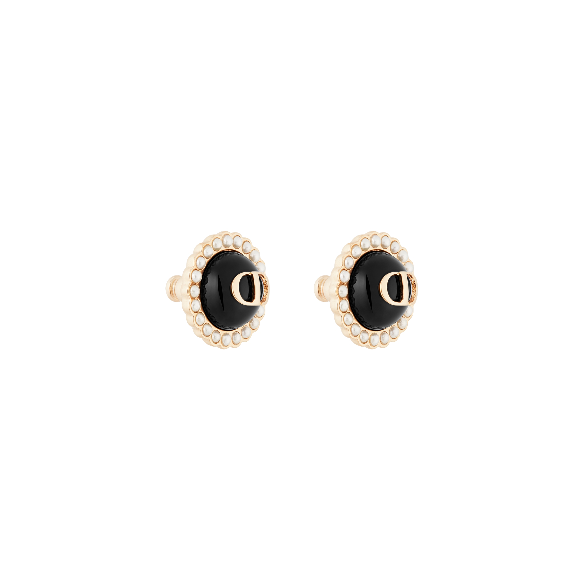 Petit CD Baroque Stud Earrings Gold-Finish Metal with White Resin Pearls and Black Glass E03