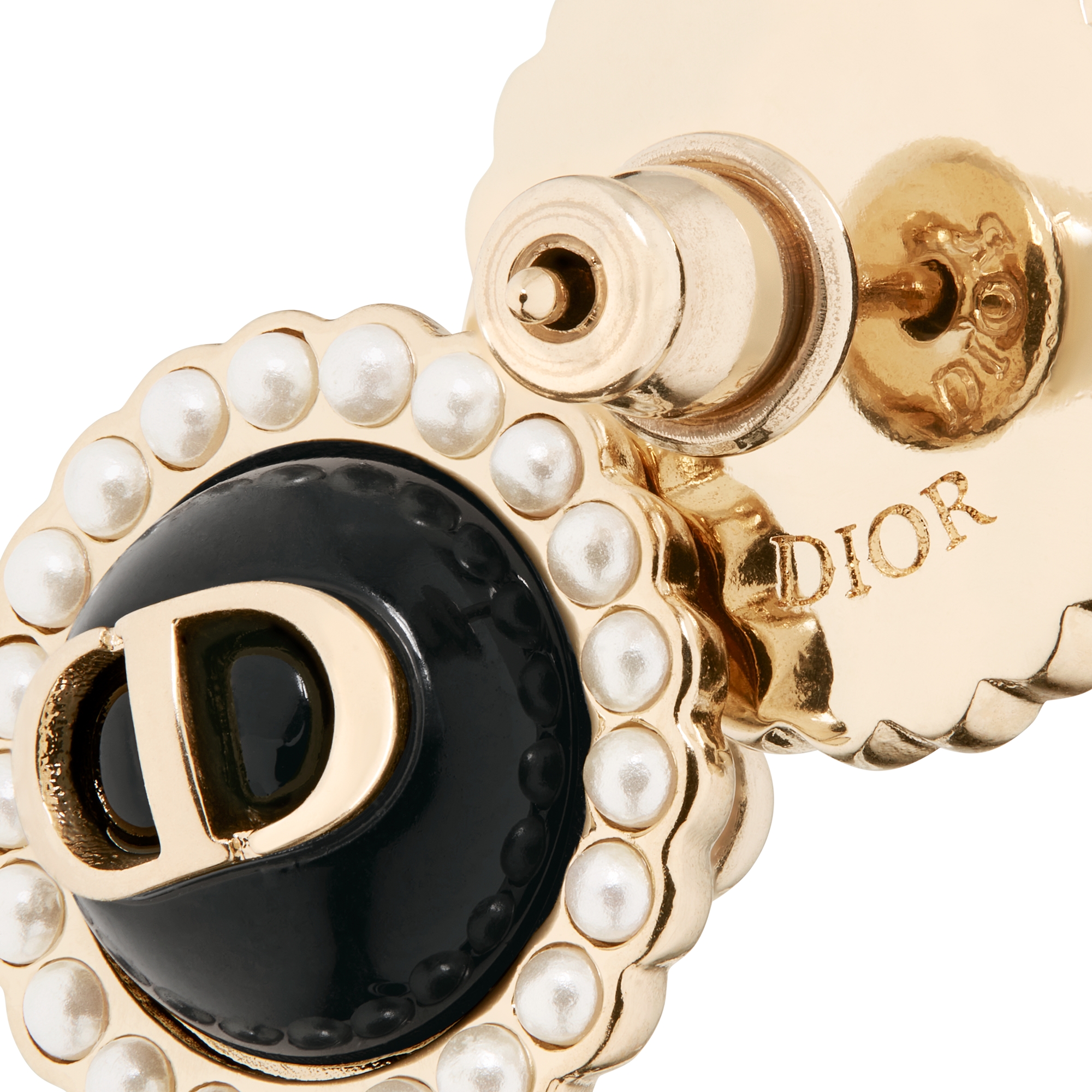 Petit CD Baroque Stud Earrings Gold-Finish Metal with White Resin Pearls and Black Glass E09