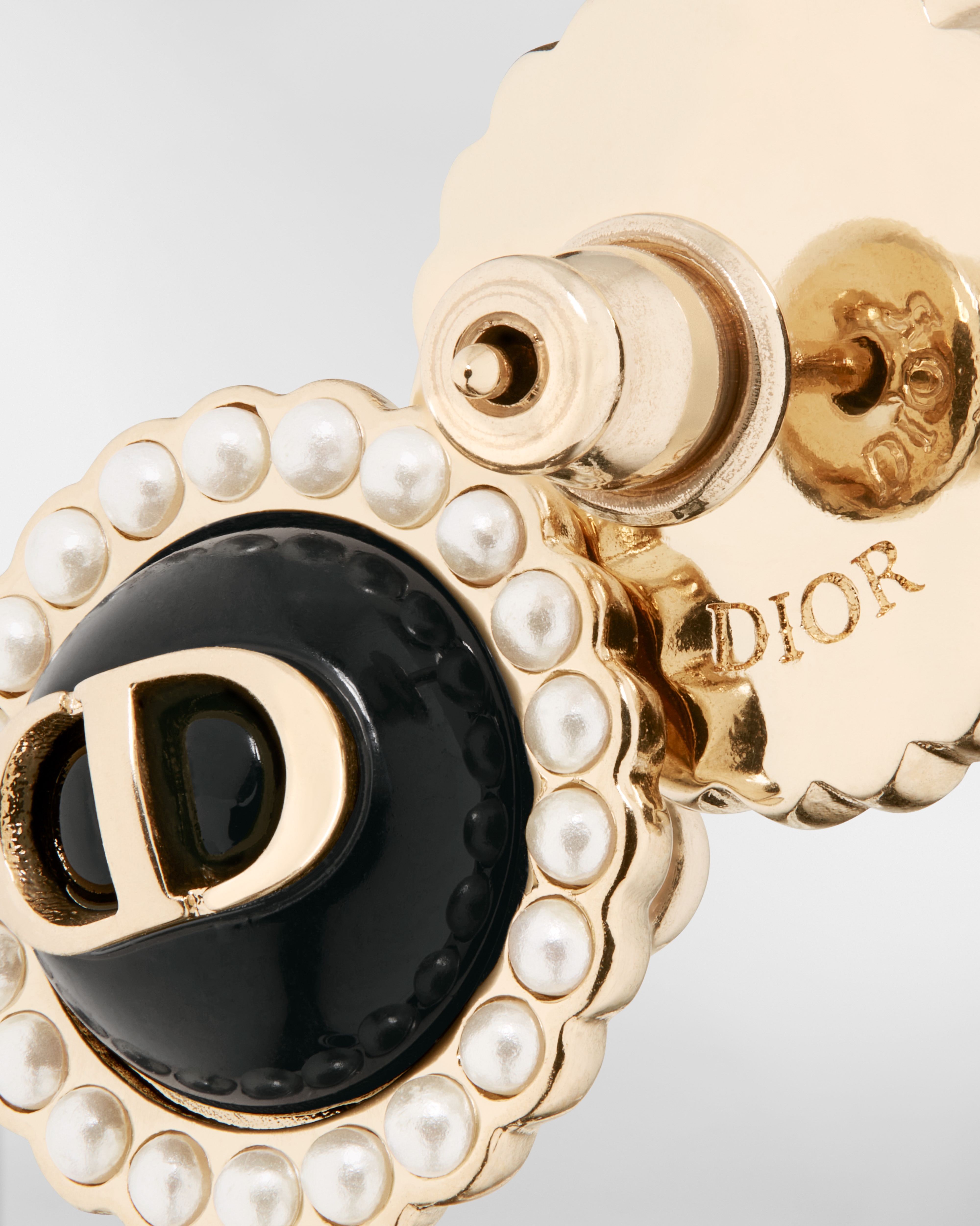 Petit CD Baroque Stud Earrings Gold-Finish Metal with White Resin Pearls and Black Glass E09