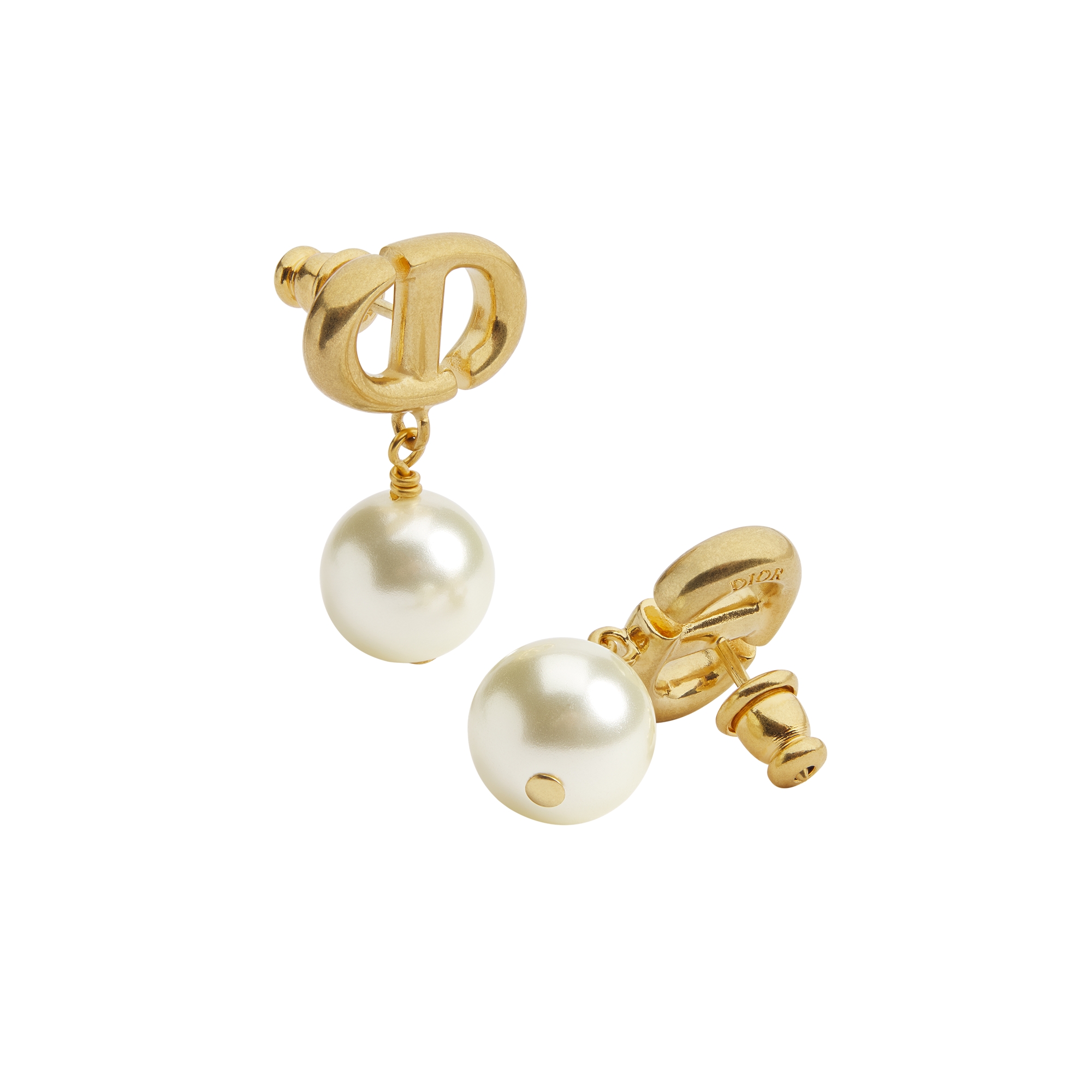 CD Navy Earrings Gold-Finish Metal and White Resin Pearls E06