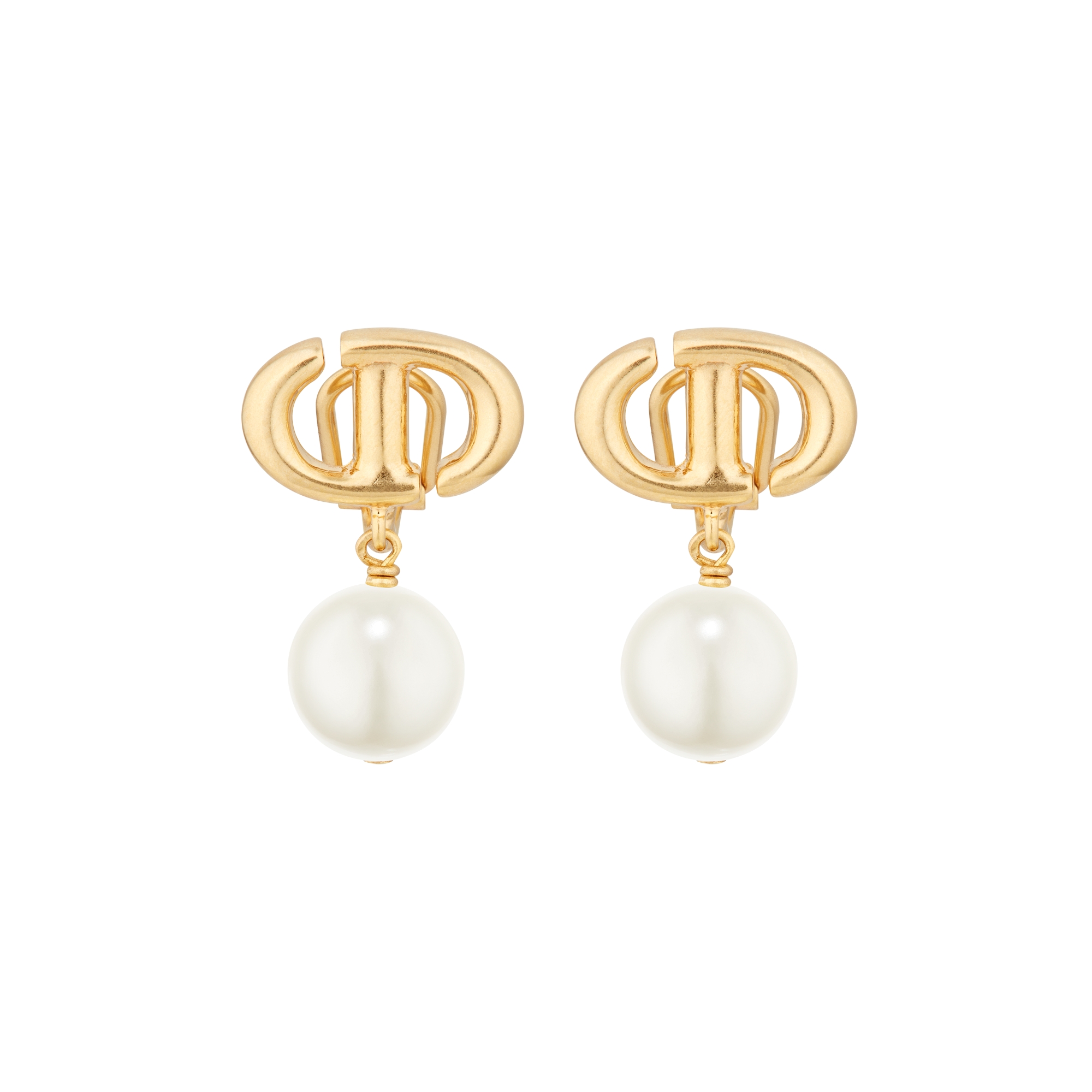 CD Navy Clip-On Earrings Gold-Finish Metal and White Resin Pearls E01