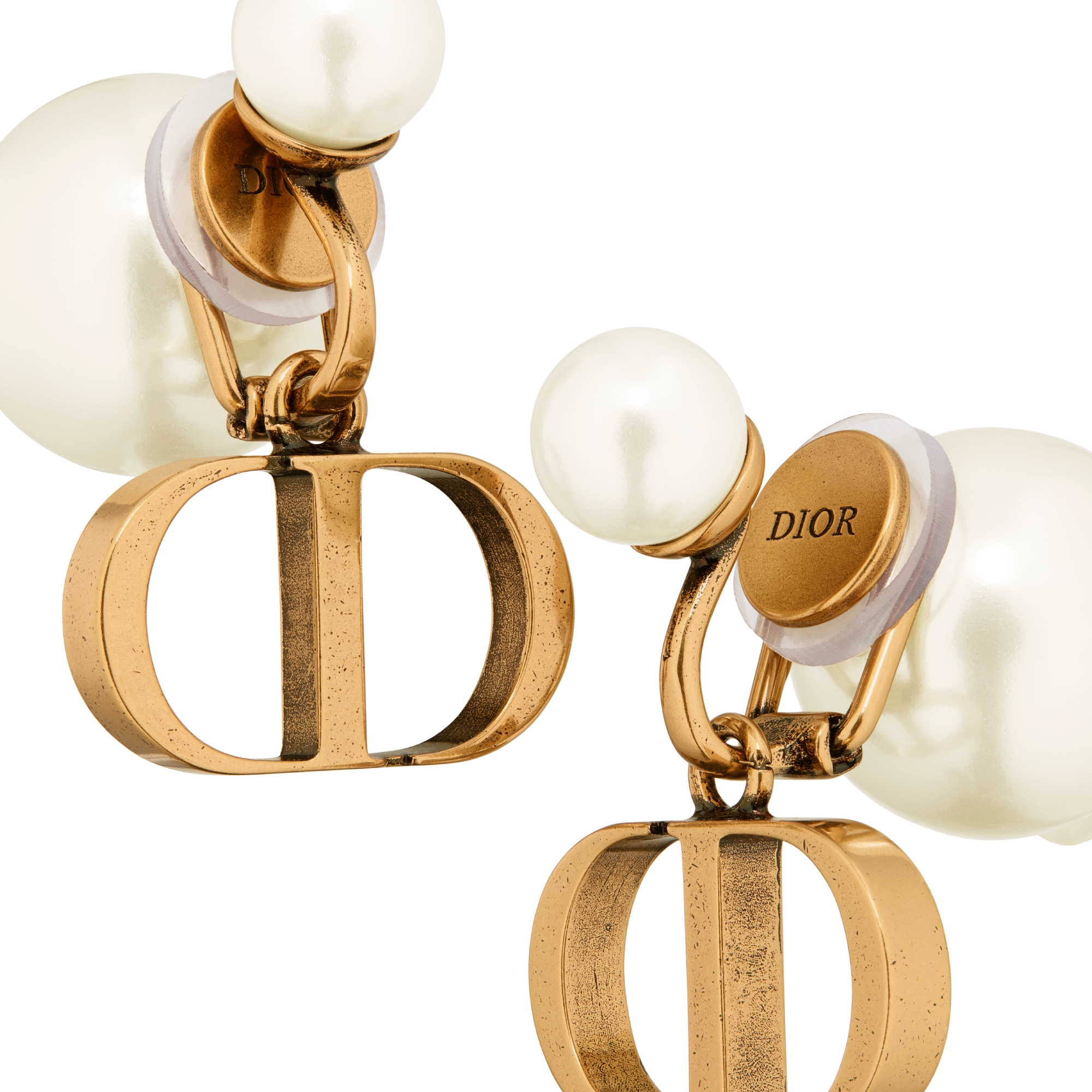 Dior Tribales 夾式耳環 復古金色飾面金屬和白色樹脂珍珠 E09