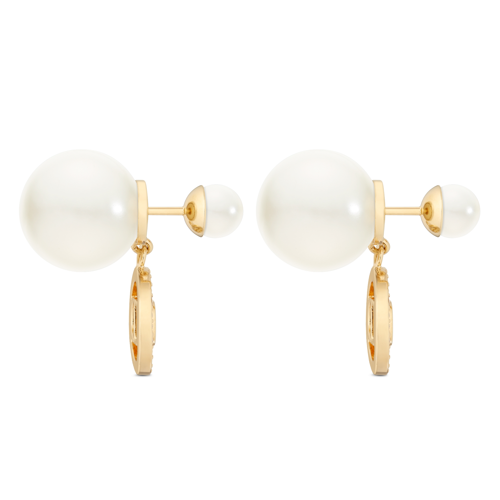 ต่างหู Dior Tribales โลหะเคลือบทองประดับไข่มุกเรซินสีขาวและคริสตัลโทนสีเงิน E02