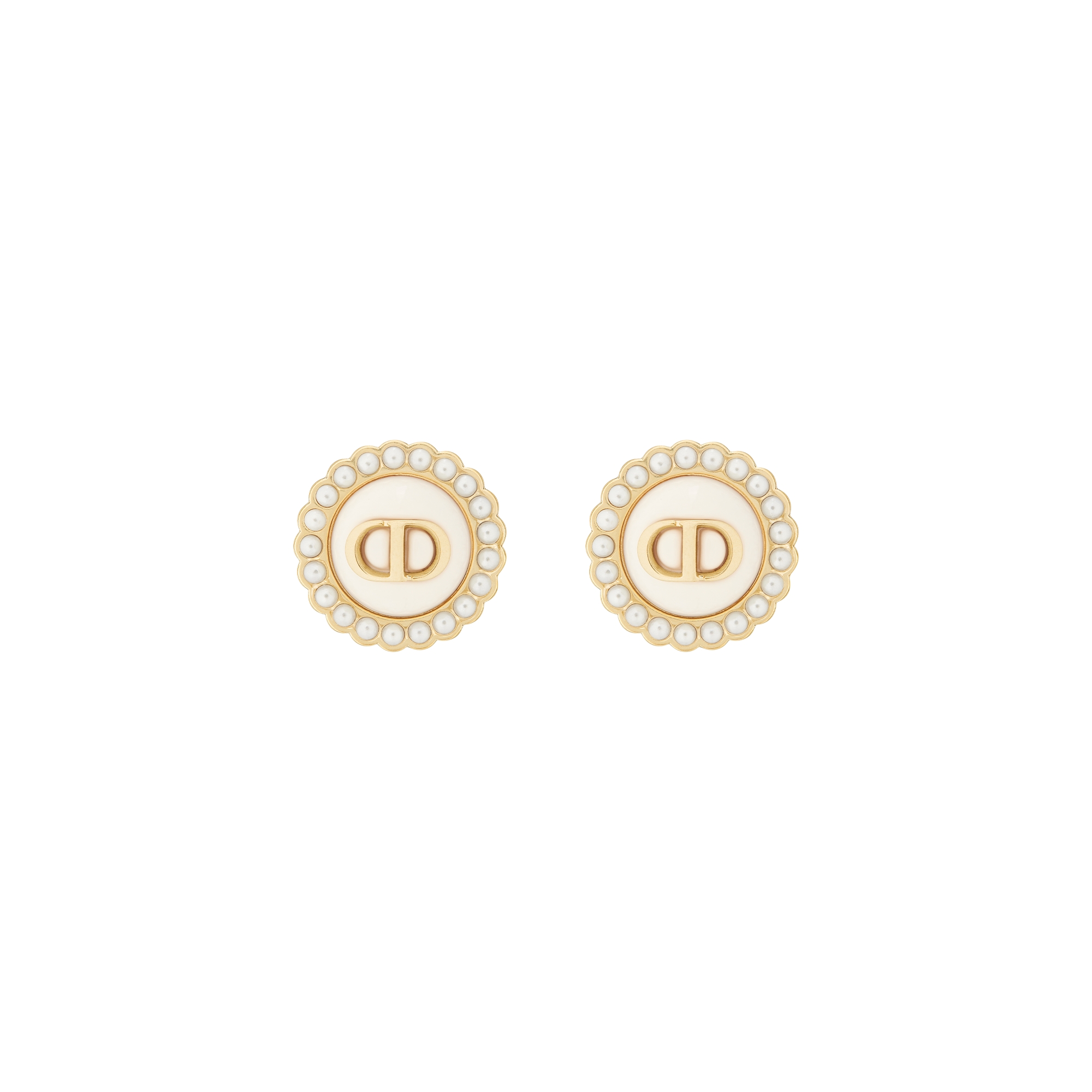 Petit CD Baroque Clip-On Stud Earrings Gold-Finish Metal with White Resin Pearls and Latte Glass E01