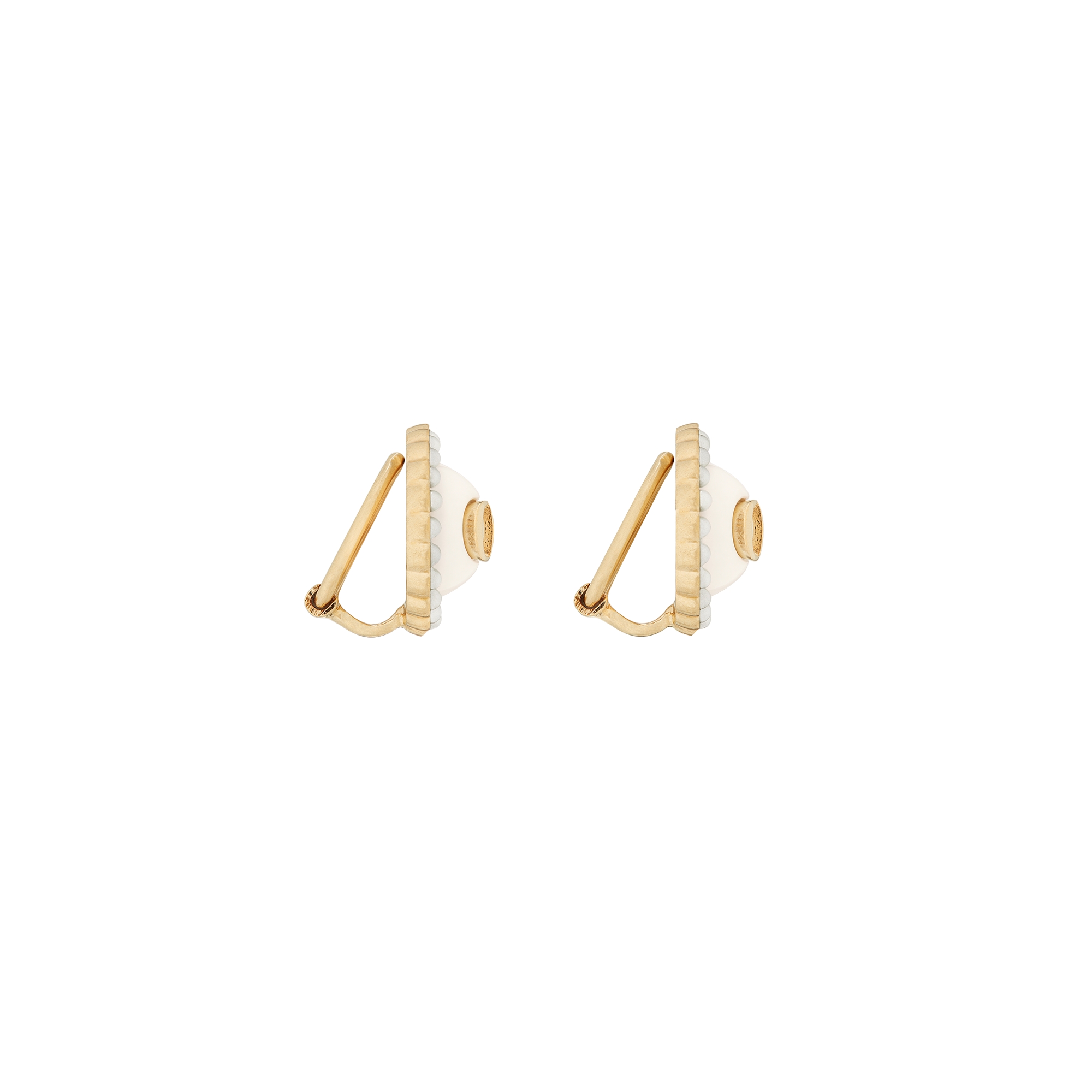 Petit CD Baroque Clip-On Stud Earrings Gold-Finish Metal with White Resin Pearls and Latte Glass E02