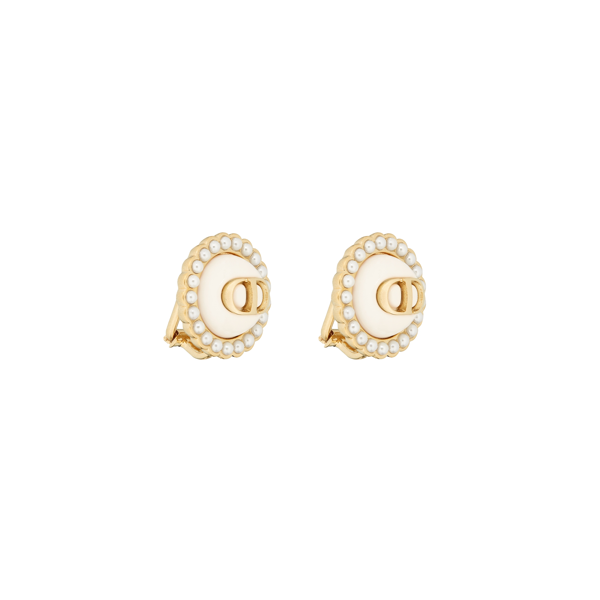 Petit CD Baroque Clip-On Stud Earrings Gold-Finish Metal with White Resin Pearls and Latte Glass E03