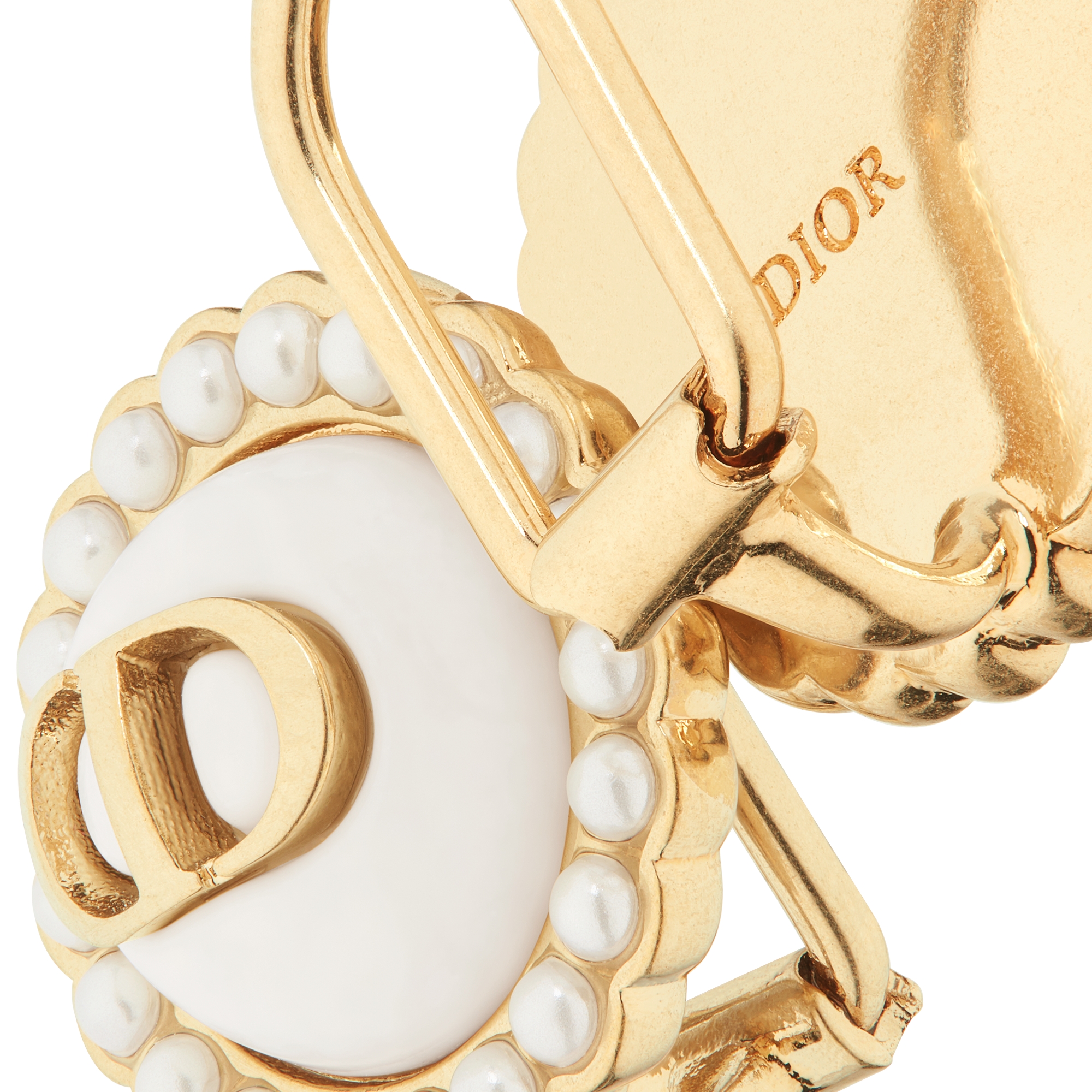 Petit CD Baroque Clip-On Stud Earrings Gold-Finish Metal with White Resin Pearls and Latte Glass E09