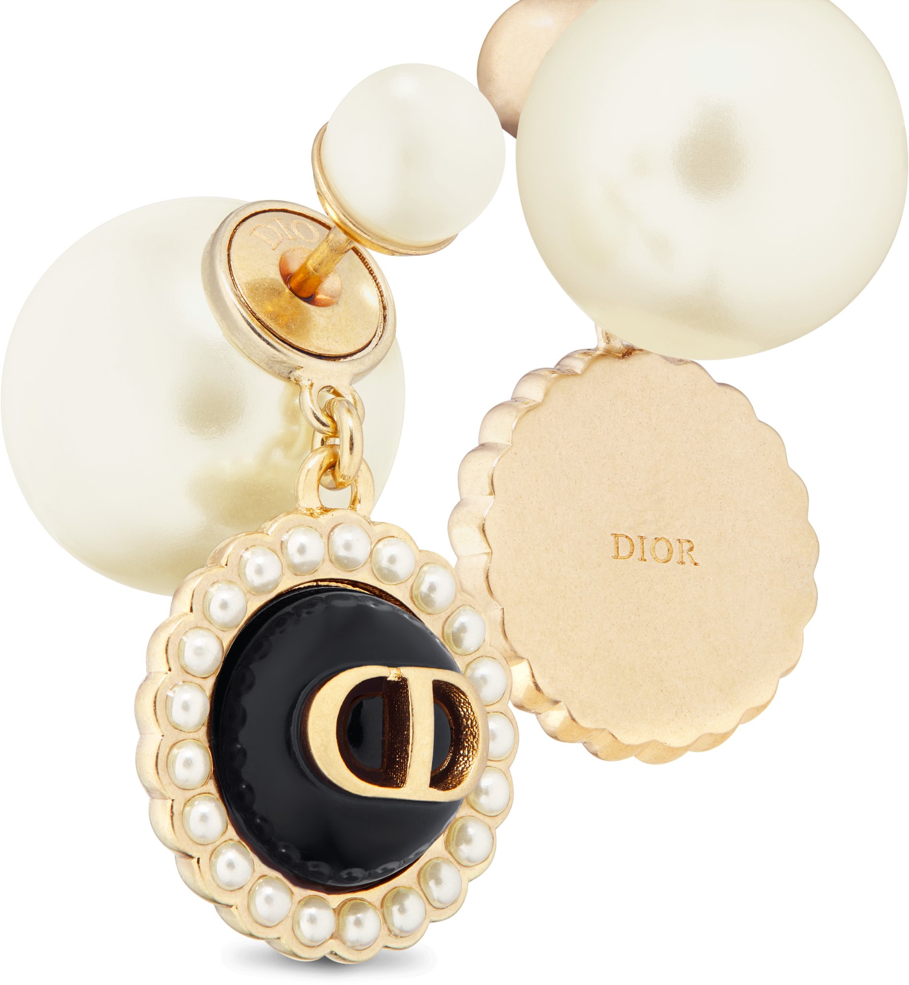 Dior Tribales Earrings Gold Finish Metal with White Resin Pearls and Black Glass DIOR