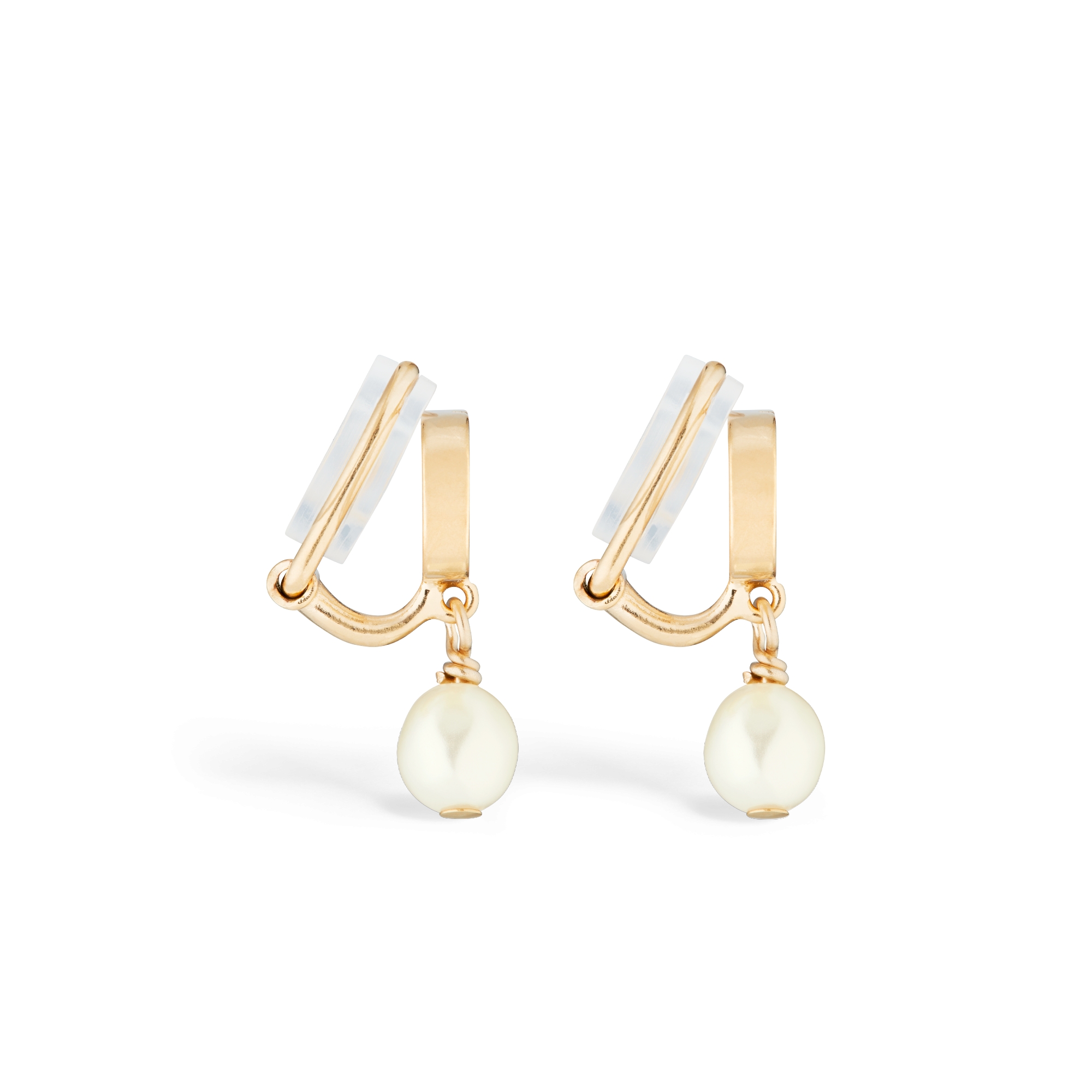 Petit CD 夾式耳環 金色飾面金屬和白色樹脂珍珠 E02