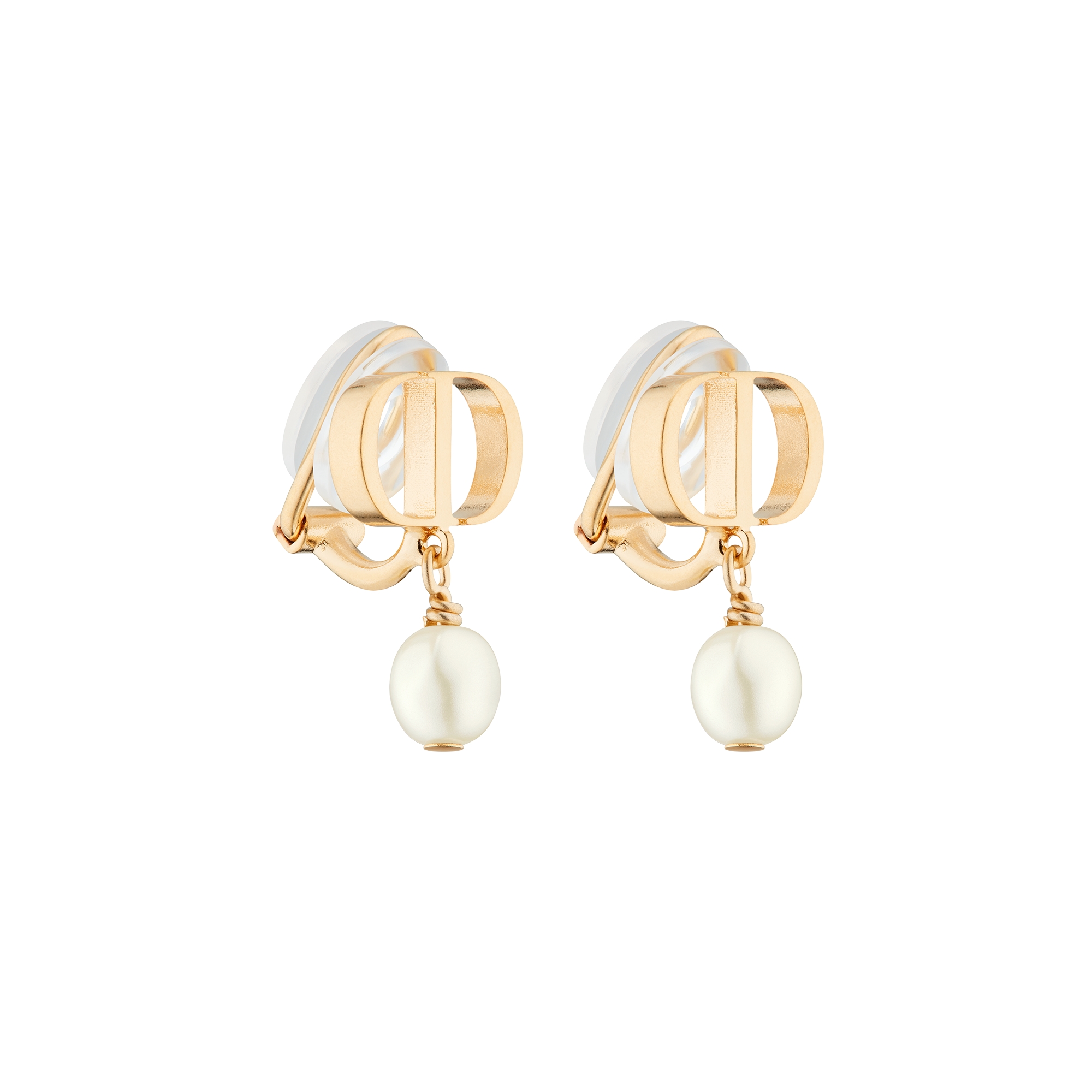 Petit CD Clip-On Earrings Gold-Finish Metal and White Resin Pearls E03