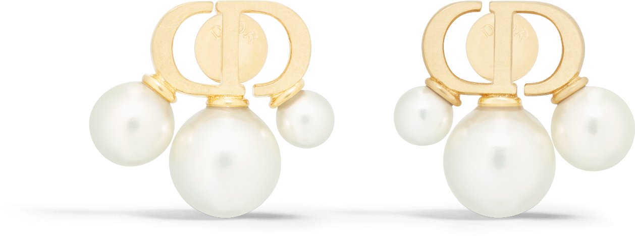 DIOR Triptyque Mini Stud Earrings Gold Finish Metal And White Resin Pearls Women
