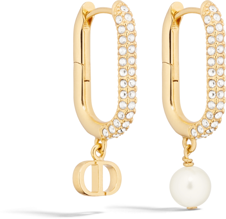 DIOR D Fusion Earrings Gold Finish Metal With A White Resin Pearl And Silver Tone Crystals Women