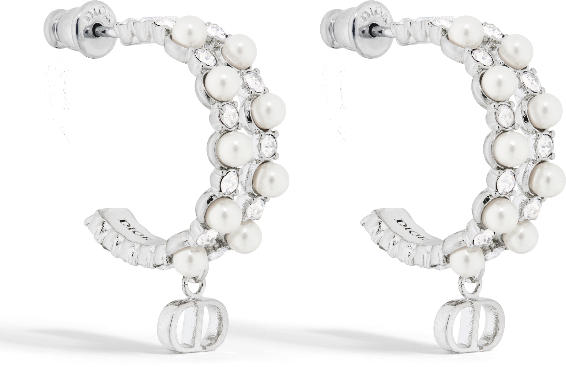 Petit CD Treasure Earrings Silver Finish Metal with White Resin Pearls and Silver Tone Crystals DIOR