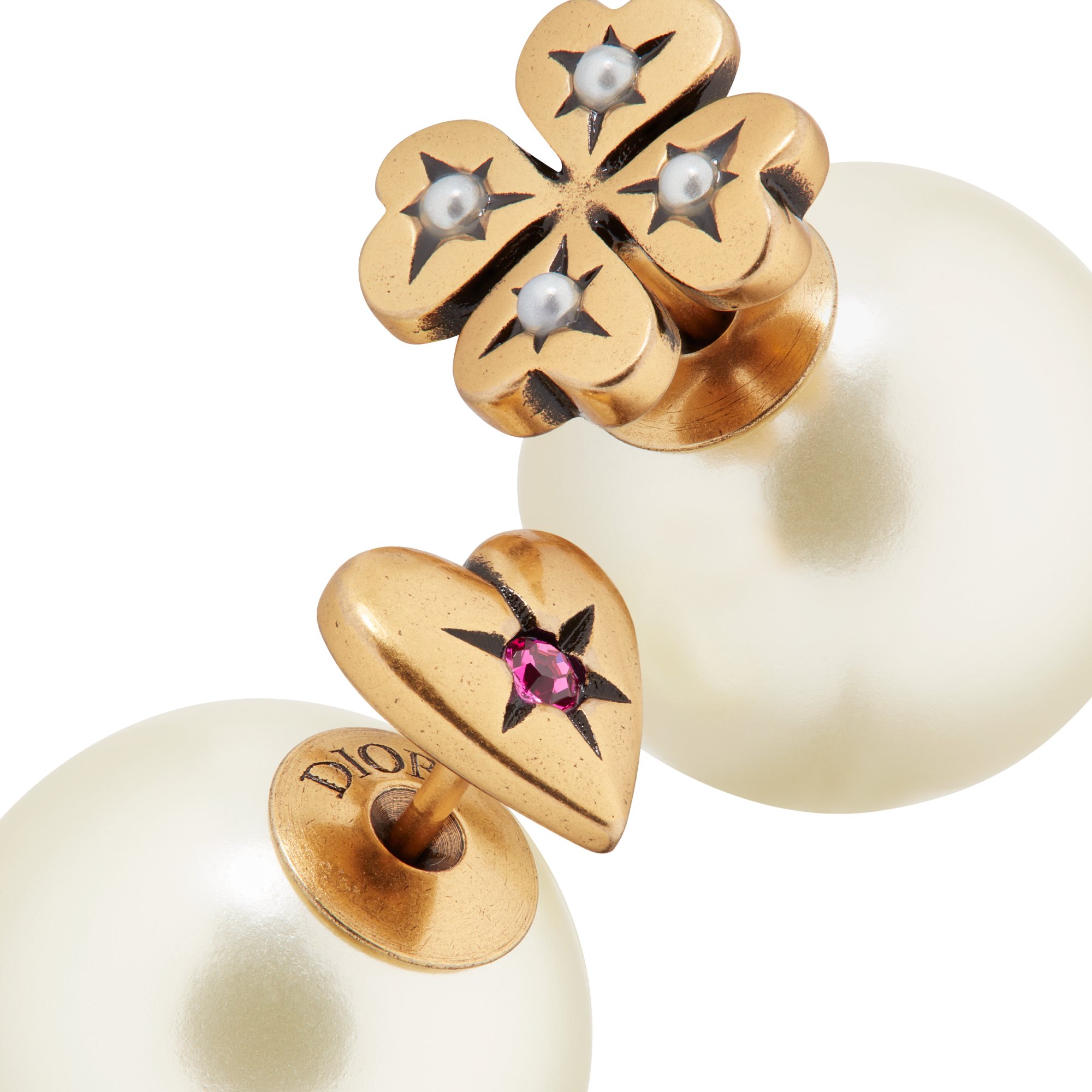 DIOR Tribales Earrings Antique Gold Finish Metal With White Resin Pearls And A Pink Crystal Women
