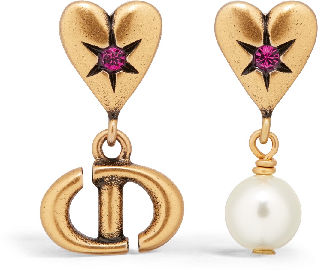 Dior Lucky Charms Earrings Antique Gold Finish Metal with a White Resin Pearl and Pink Crystals DIOR