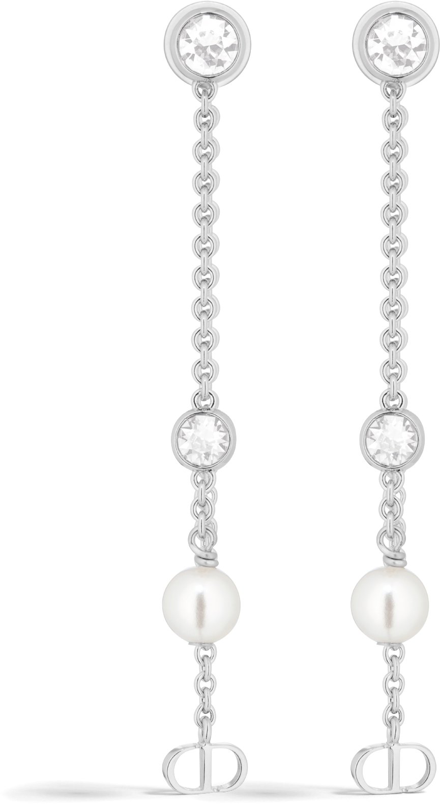 Petit CD Treasure Earrings Silver Finish Metal with White Resin Pearls and Silver Tone Crystals DIOR
