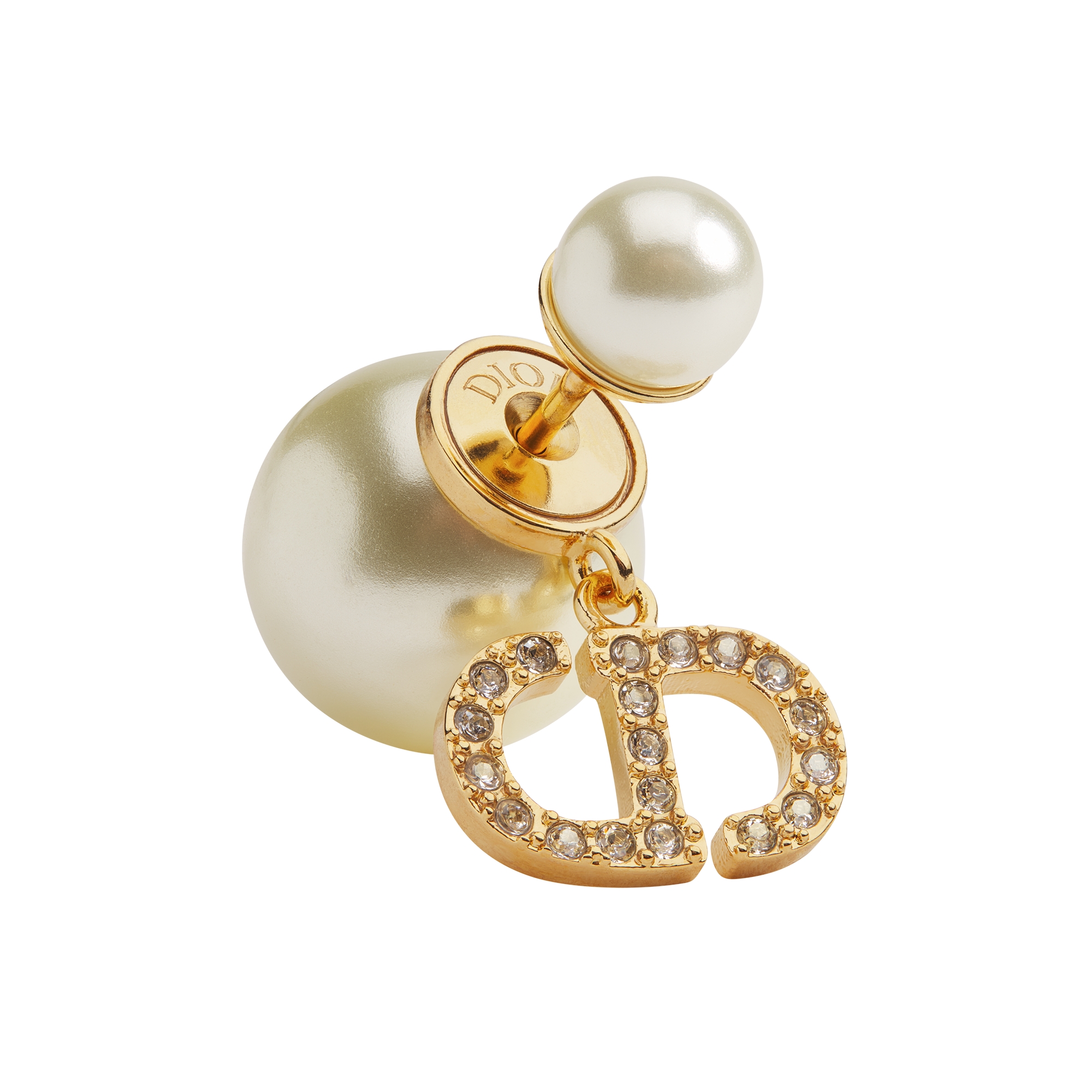 Boucles d'oreilles Dior Tribales Métal finition dorée, perles en résine blanche et cristaux argentés E09