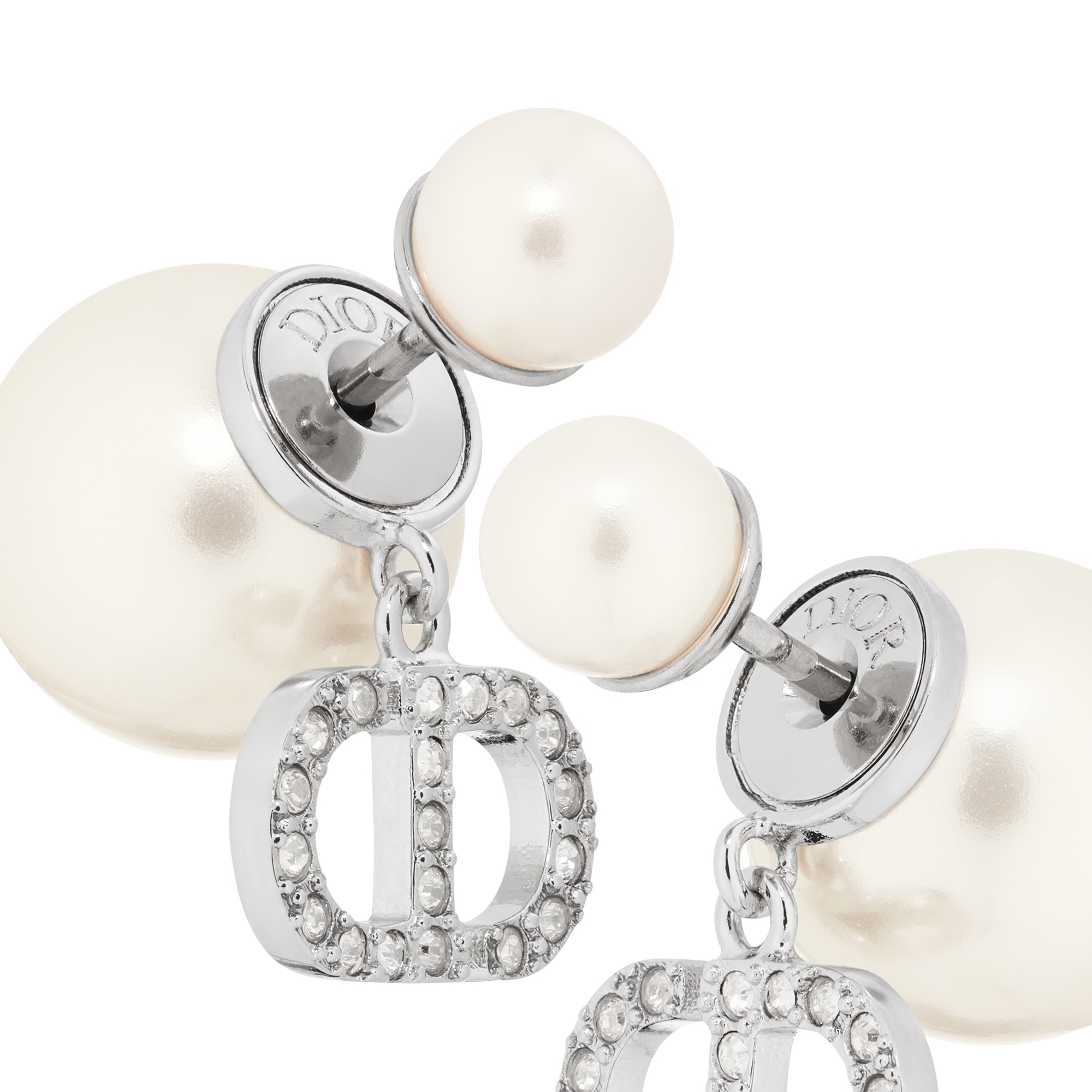 Dior Tribales Earrings Silver-Finish Metal with White Resin Pearls and Silver-Tone Crystals E09