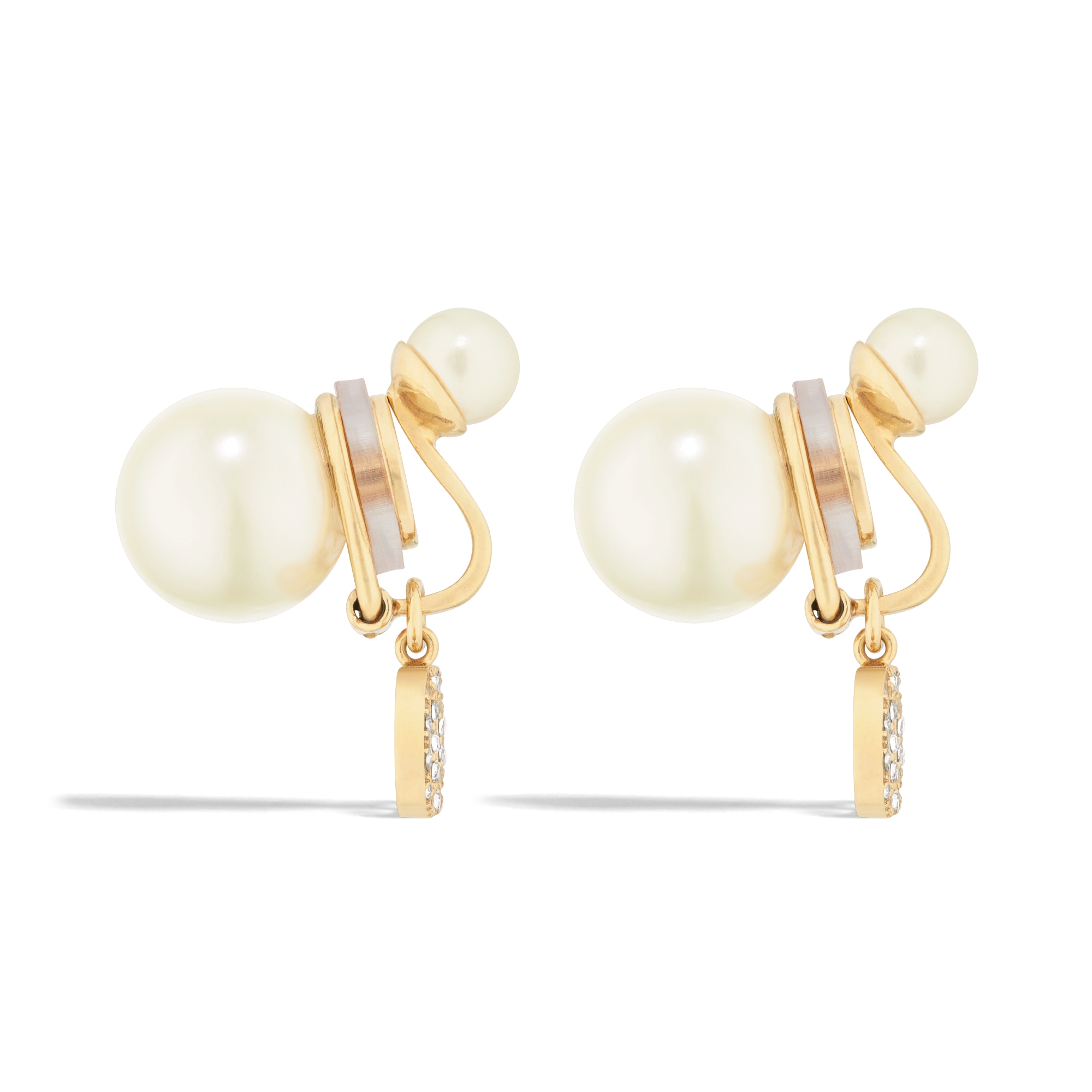 Brincos de pressão Dior Tribales Metal com acabamento dourado, pérolas de resina brancas e cristais em tom prateado E02