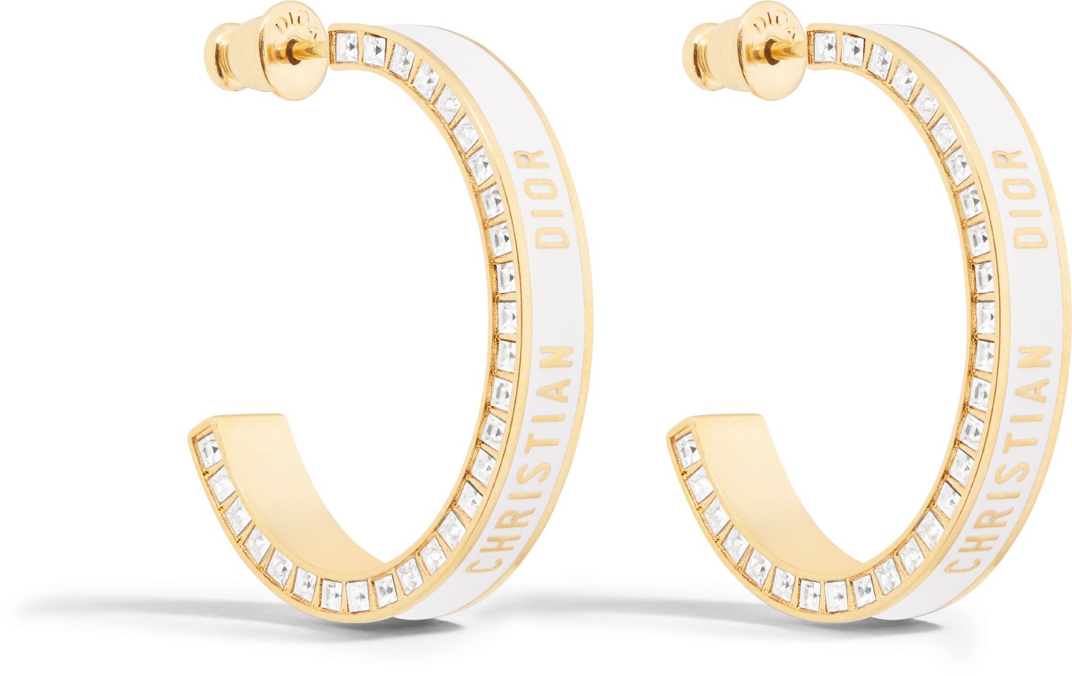 Large Dior Night Code Hoop Earrings Gold Finish Metal White Crystals and White Lacquer DIOR
