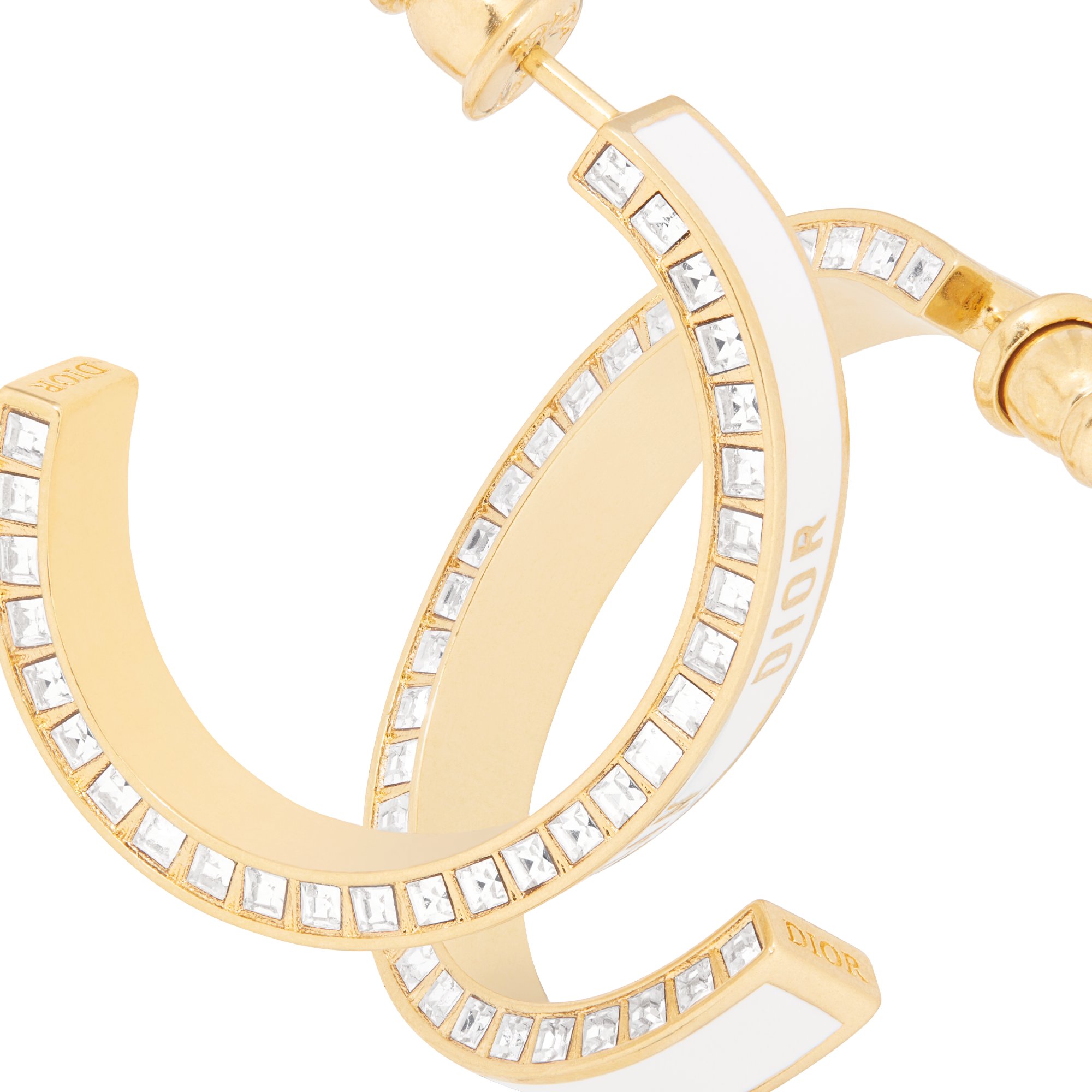 Large Dior Night Code Hoop Earrings Gold Finish Metal White Crystals and White Lacquer DIOR