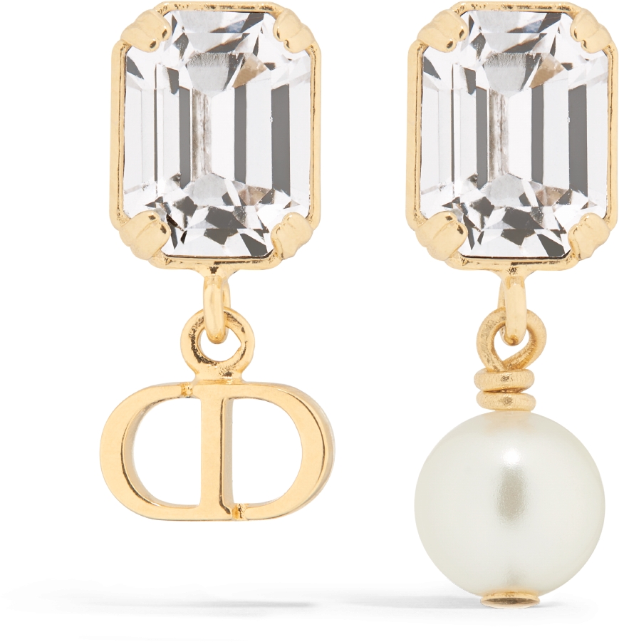 Petit CD Earrings Gold Finish Metal with White Resin Pearl and Silver Tone Crystals DIOR