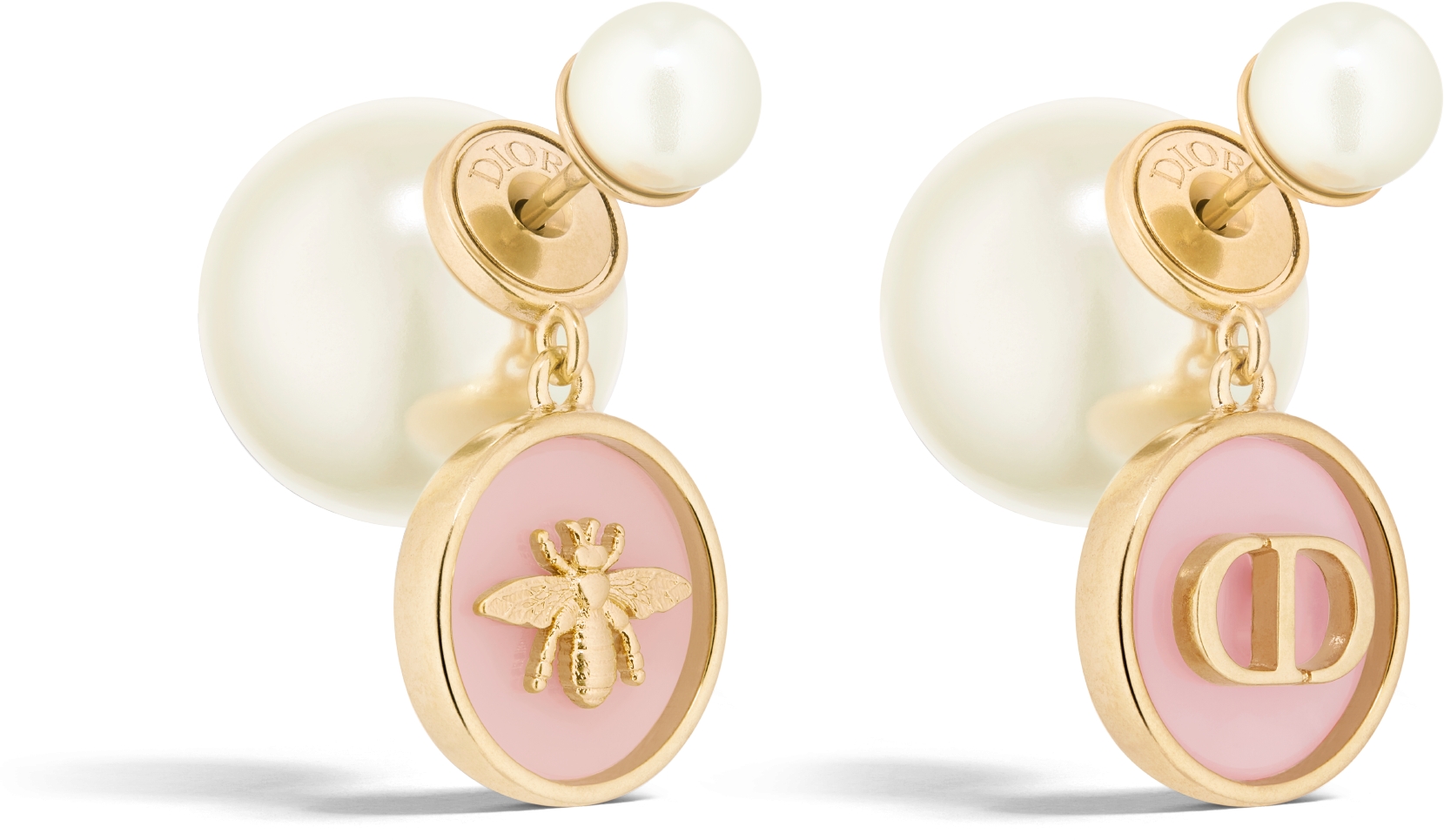 DIOR Tribales Earrings Gold Finish Metal With White Resin Pearls And Hydrangea Pink Transparent Resin Women