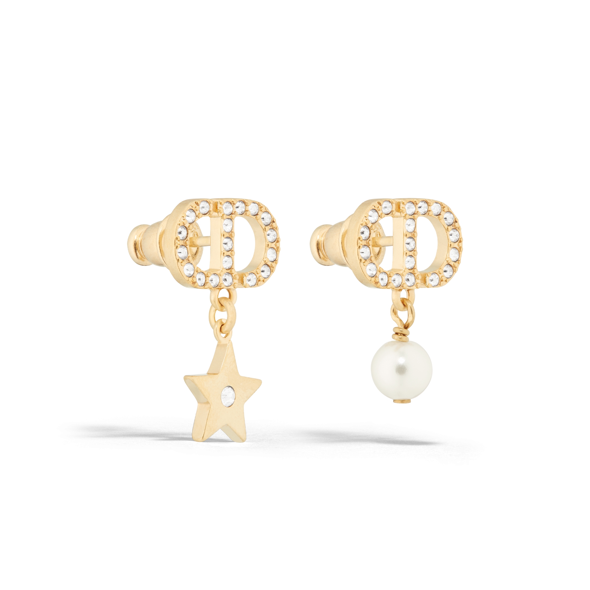 Petit CD Lucky Charms Earrings Gold-Finish Metal with a White Resin Pearl and Silver-Tone Crystals E03