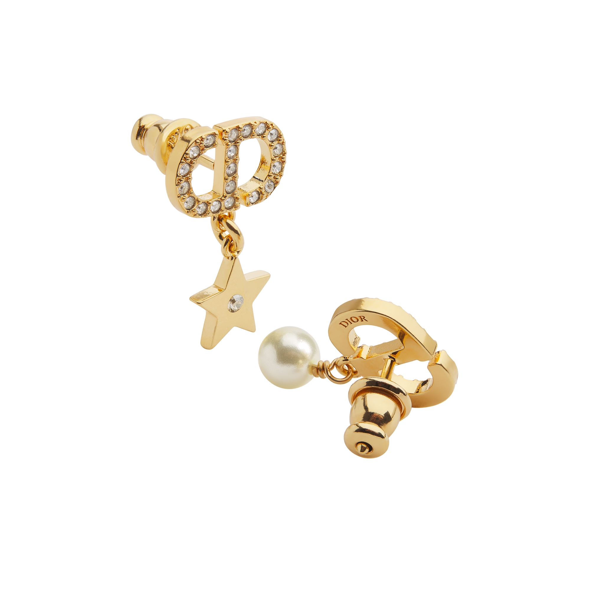 Petit CD Lucky Charms Earrings Gold-Finish Metal with a White Resin Pearl and Silver-Tone Crystals E06