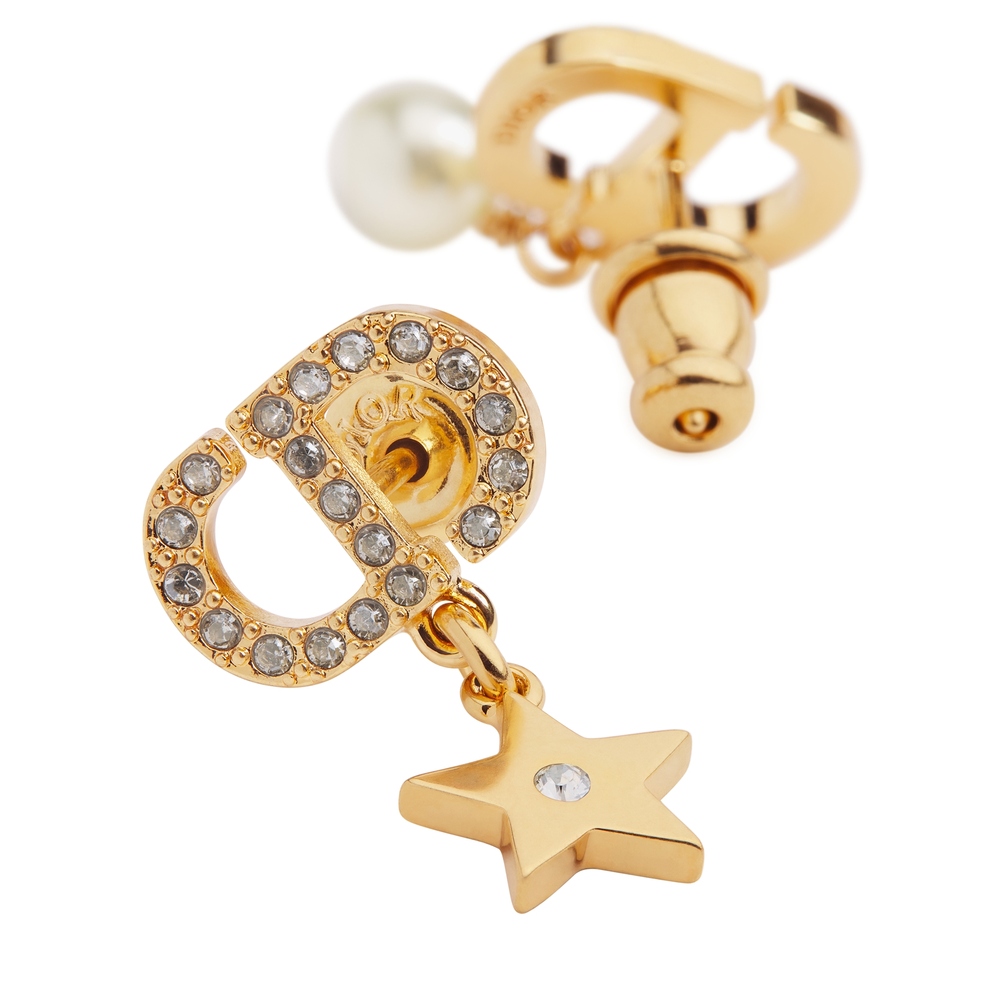 Petit CD Lucky Charms Ohrringe Metall mit Gold-Finish, Kunstharzperle in Weiß und Kristalle in Silberfarbe E09