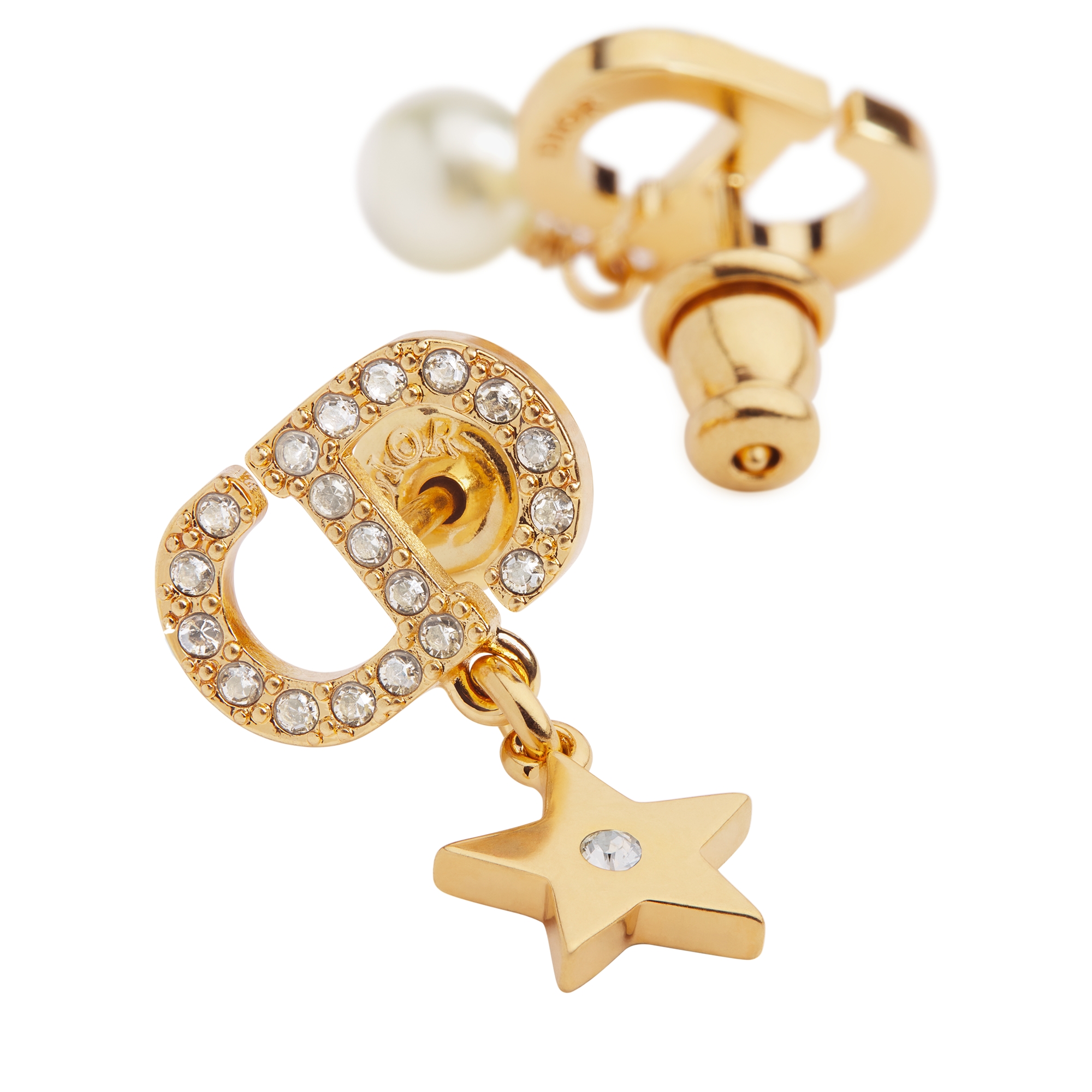 Petit CD Lucky Charms Earrings Gold-Finish Metal with a White Resin Pearl and Silver-Tone Crystals E09