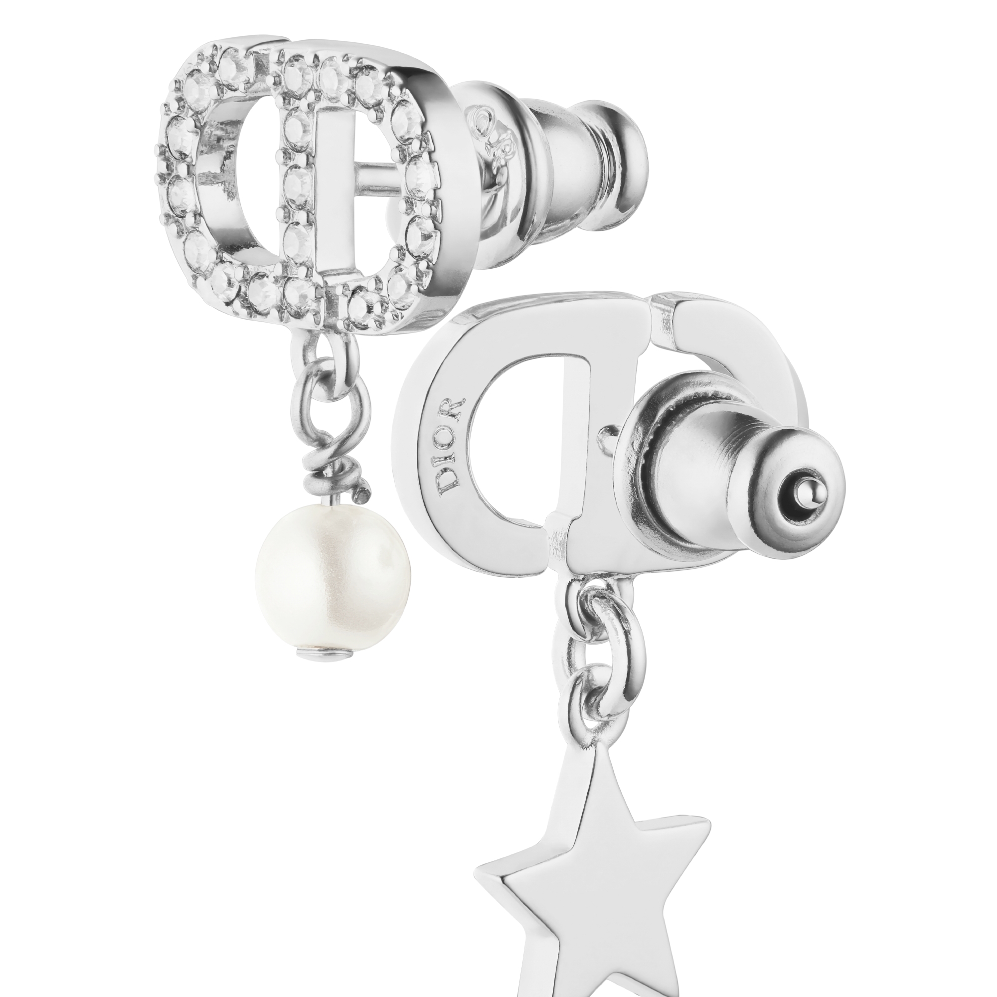 Boucles d'oreilles Petit CD Lucky Charms Métal finition argentée, perle en résine blanche et cristaux argentés E09