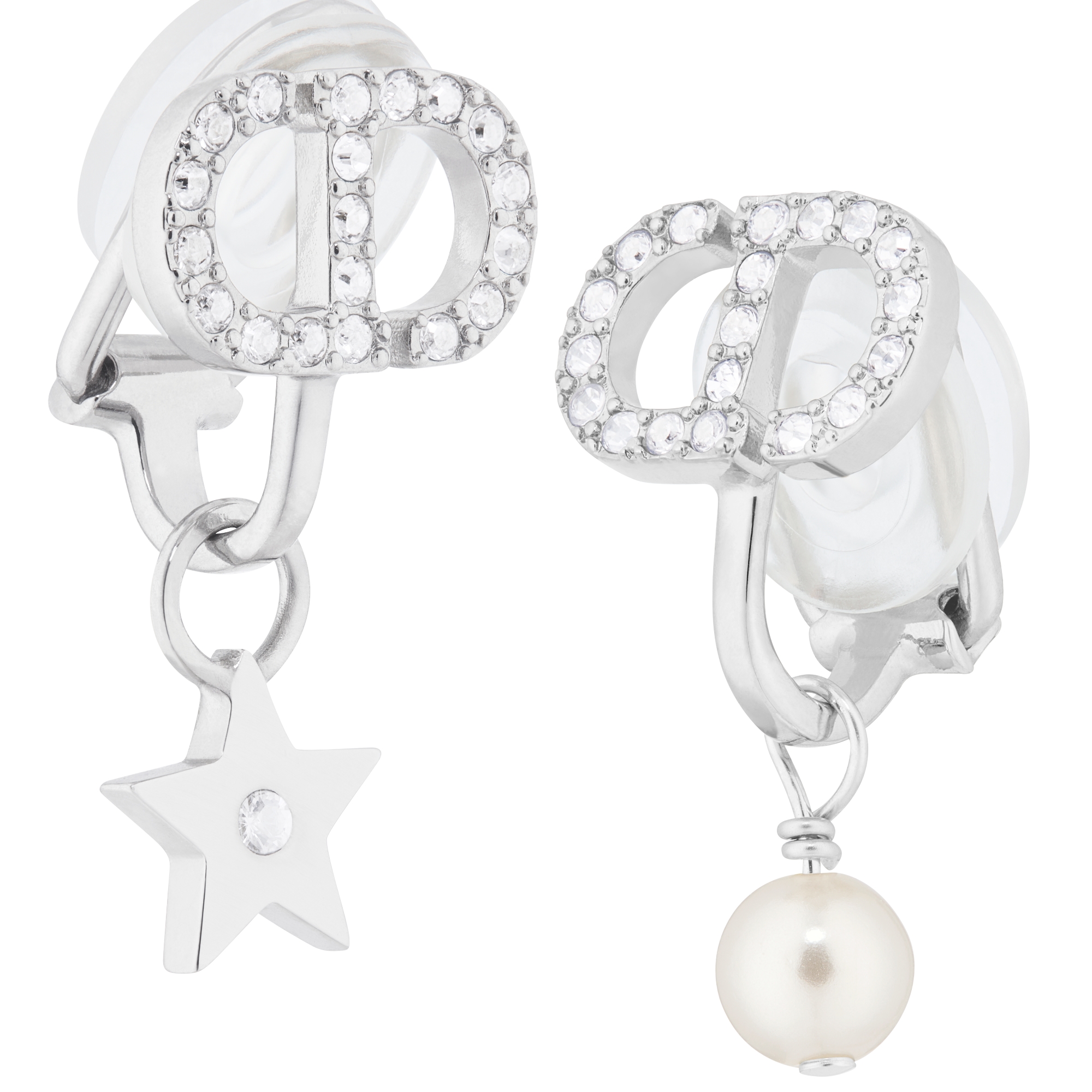 Petit CD Lucky Charms Clip-On Earrings Silver-Finish Metal with White Resin Pearl and Silver-Tone Crystals E09