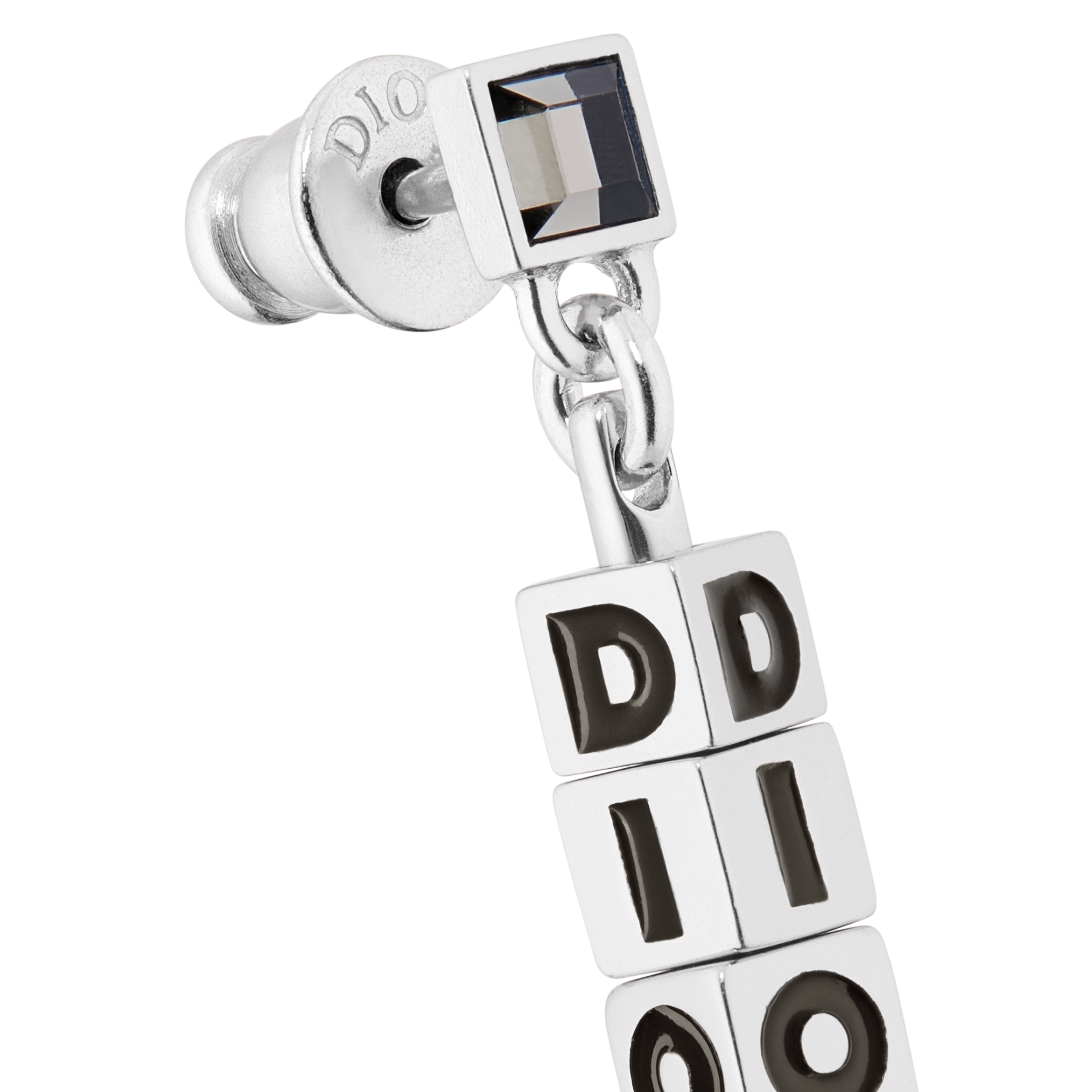 Dior Cube Earring Silver-Finish Brass, Gray Crystal and Black Lacquer E09