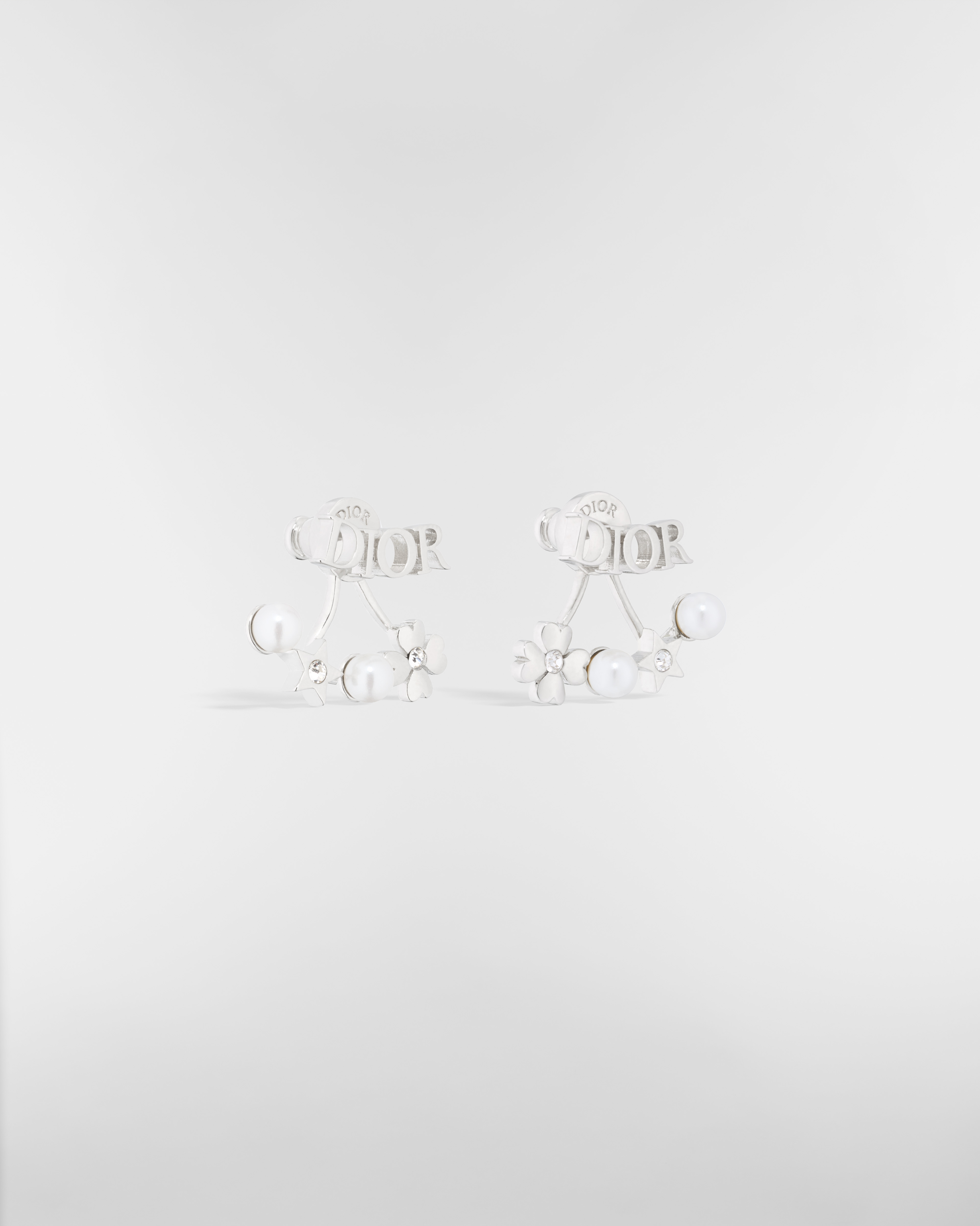 Brincos Dio(r)evolution Metal com acabamento prateado, pérolas de resina branca e cristais brilhantes E03